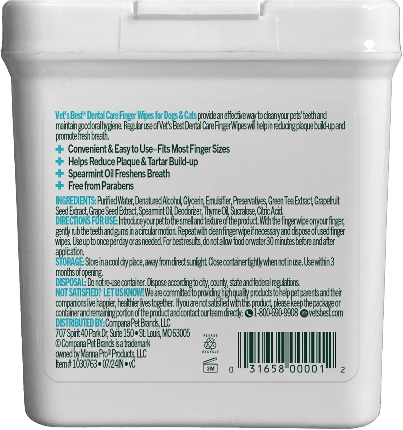 50Ct Vet's Best Dental Care Finger Wipes for Dogs and Cats