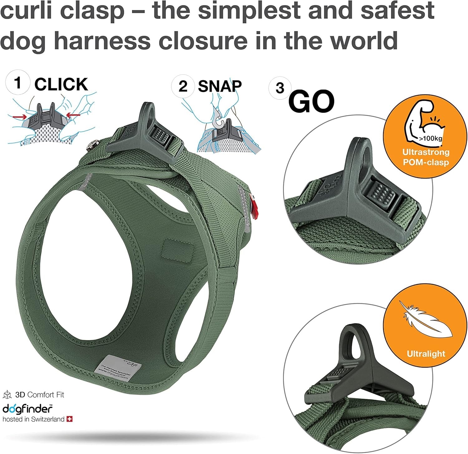 Curli Air Mesh Clasp Vest Harness, Moss Medium