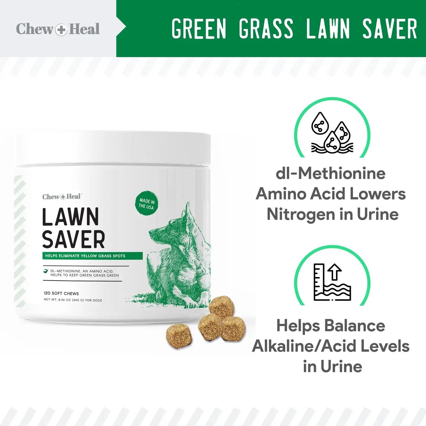 Chew + Heal Grass Saver Chews For Dogs | Dog Urine Grass Saver | 120 Soft Chews