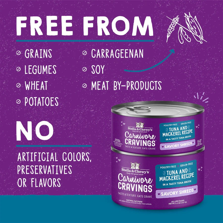 Stella & Chewy's Carnivore Cravings Savory Shreds Tuna & Mackerl in Broth (2.8oz)