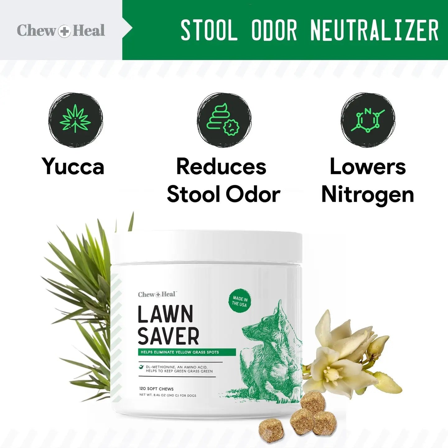 Chew + Heal Grass Saver Chews For Dogs | Dog Urine Grass Saver | 120 Soft Chews