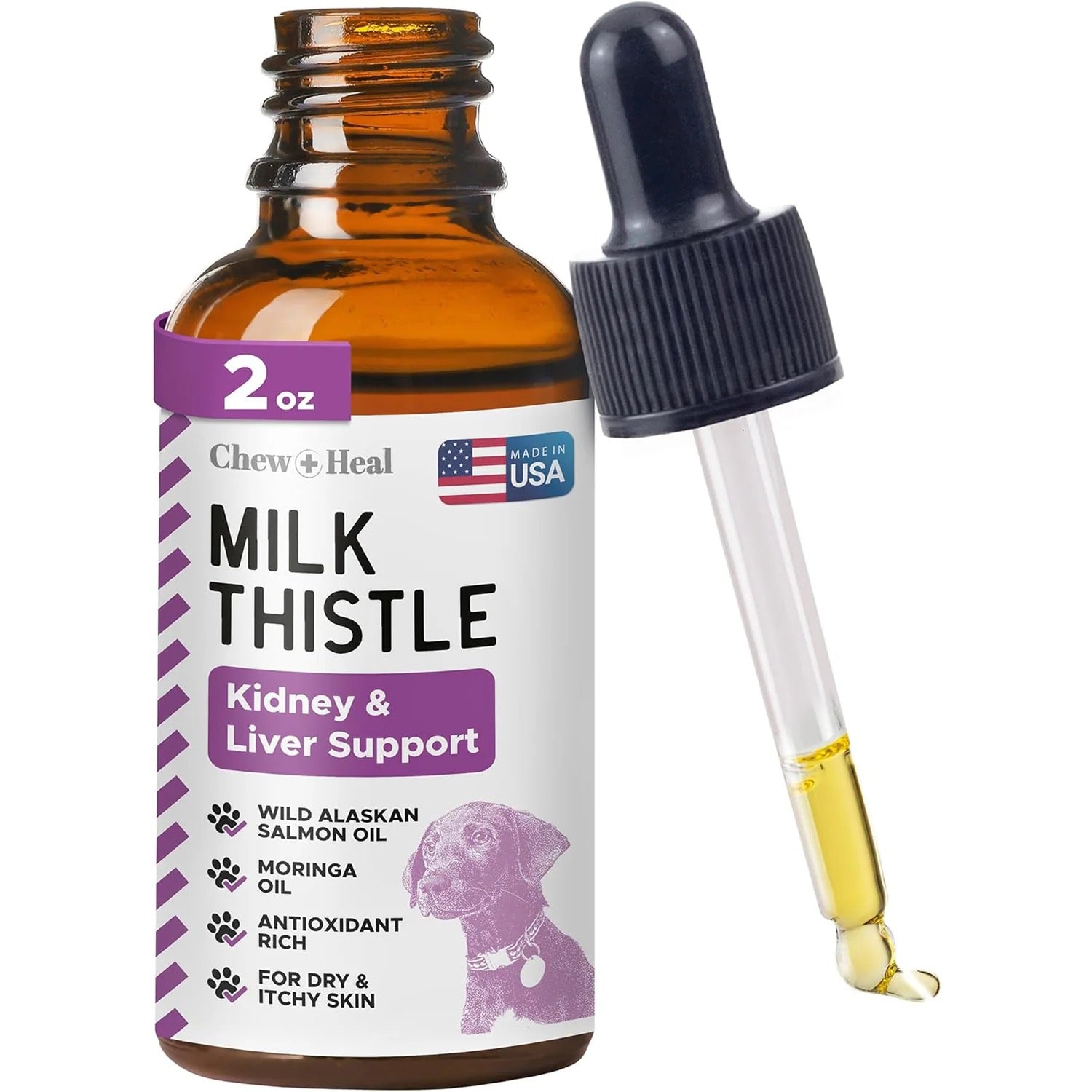 Chew + Heal Milk Thistle Tincture with Moringa & Salmon Oil for Dogs 2oz