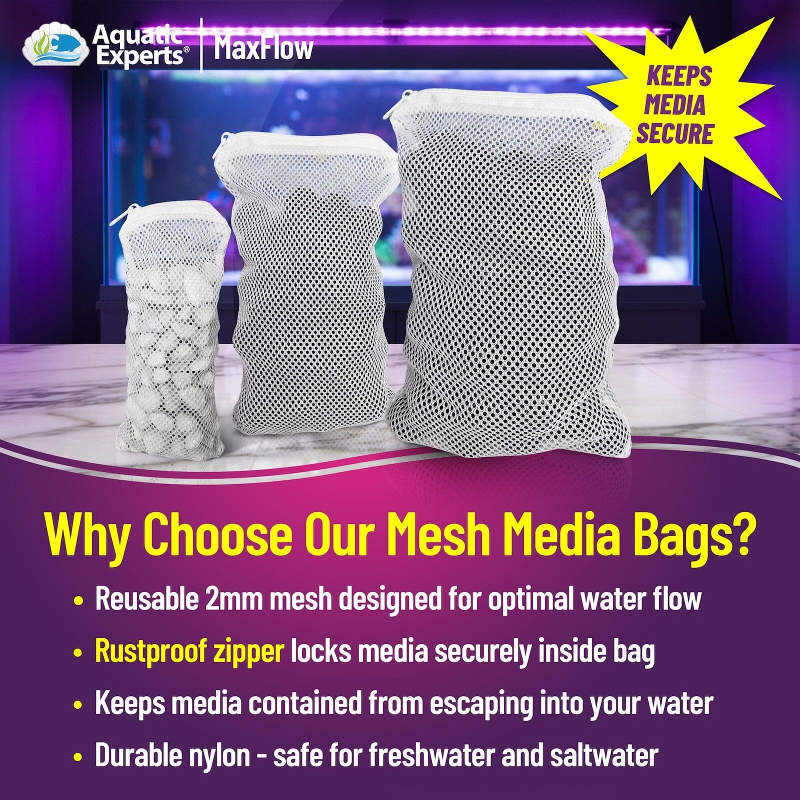 Aquatic Experts Aquarium Filter Bag - Max Flow Mesh Media Bags for Superior Aquarium Filtration