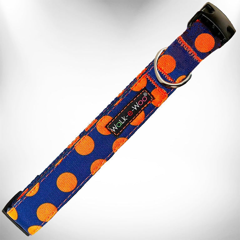Walk-e-Woo Polka Dot Dog Collars, Leads, and Bows on Blue - 5 Styles