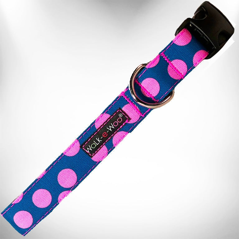 Walk-e-Woo Polka Dot Dog Collars, Leads, and Bows on Blue - 5 Styles