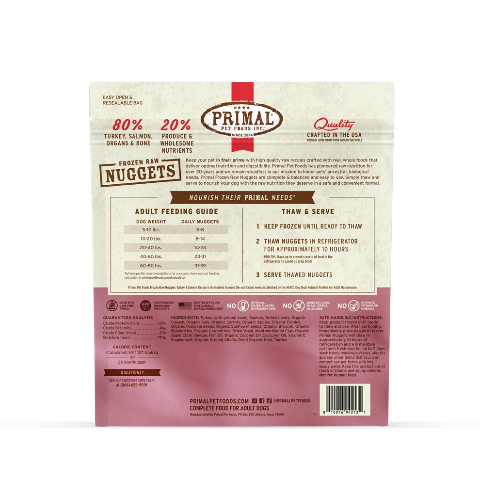 Primal Turkey & Saalmon Nuggets Frozen Dog Food (3lb)