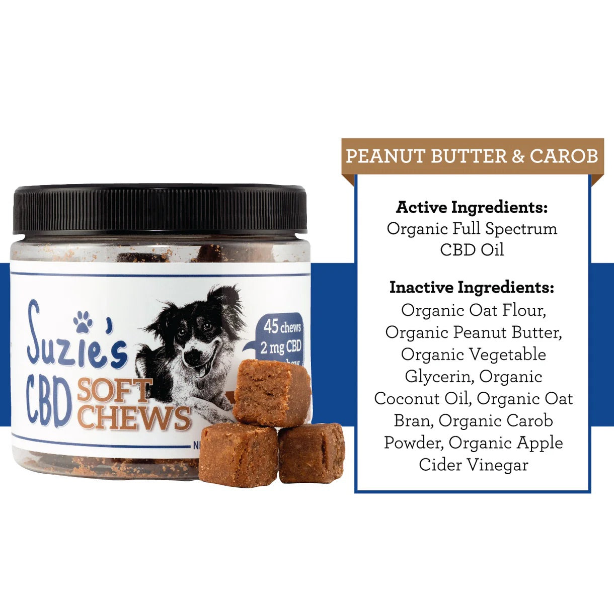 Suzie's CBd Soft Chews For Dogs Peanut Butter & Carob Flavor, 2mg (2oz)