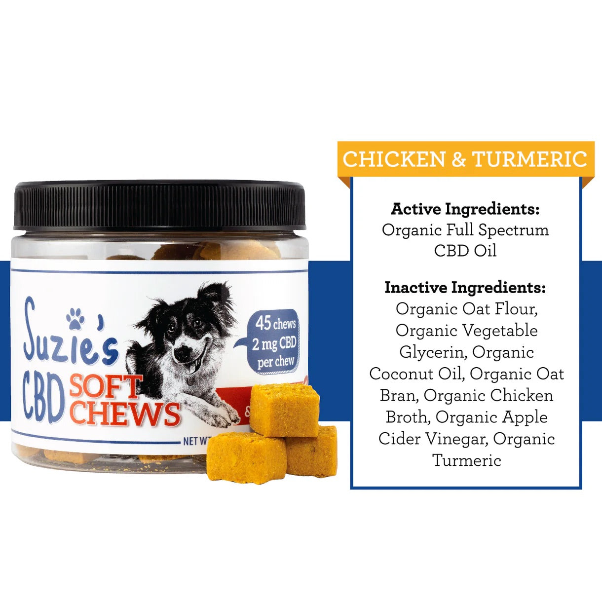 Suzie's CBD Soft Chews For Dogs, Chicken & Turmeric Flavor, 2mg (2oz)