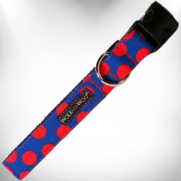 Walk-e-Woo Polka Dot Dog Collars, Leads, and Bows on Blue - 5 Styles