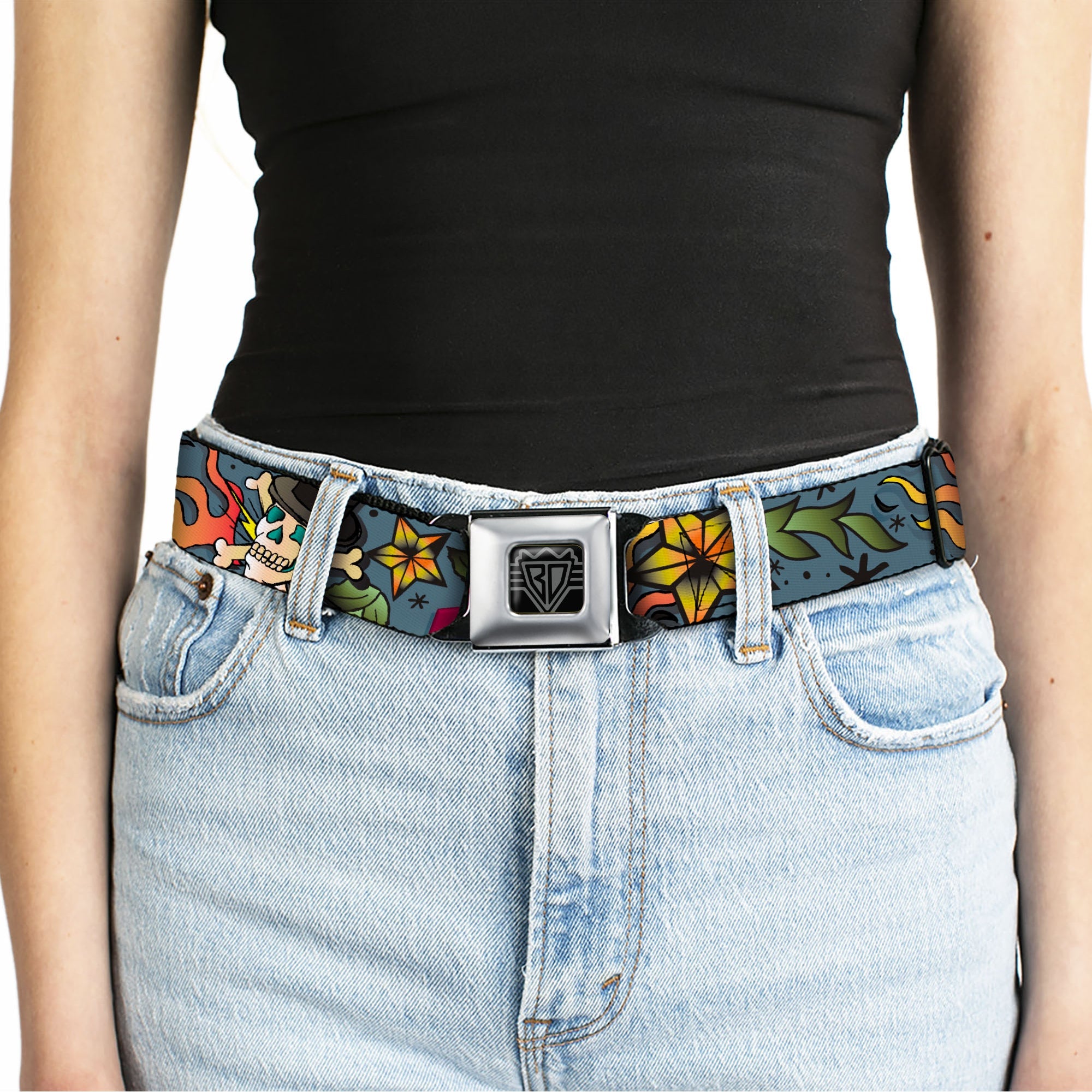 BD Wings Logo CLOSE-UP Full Color Black Silver Seatbelt Belt - Death or Glory CLOSE-UP Gray Webbing