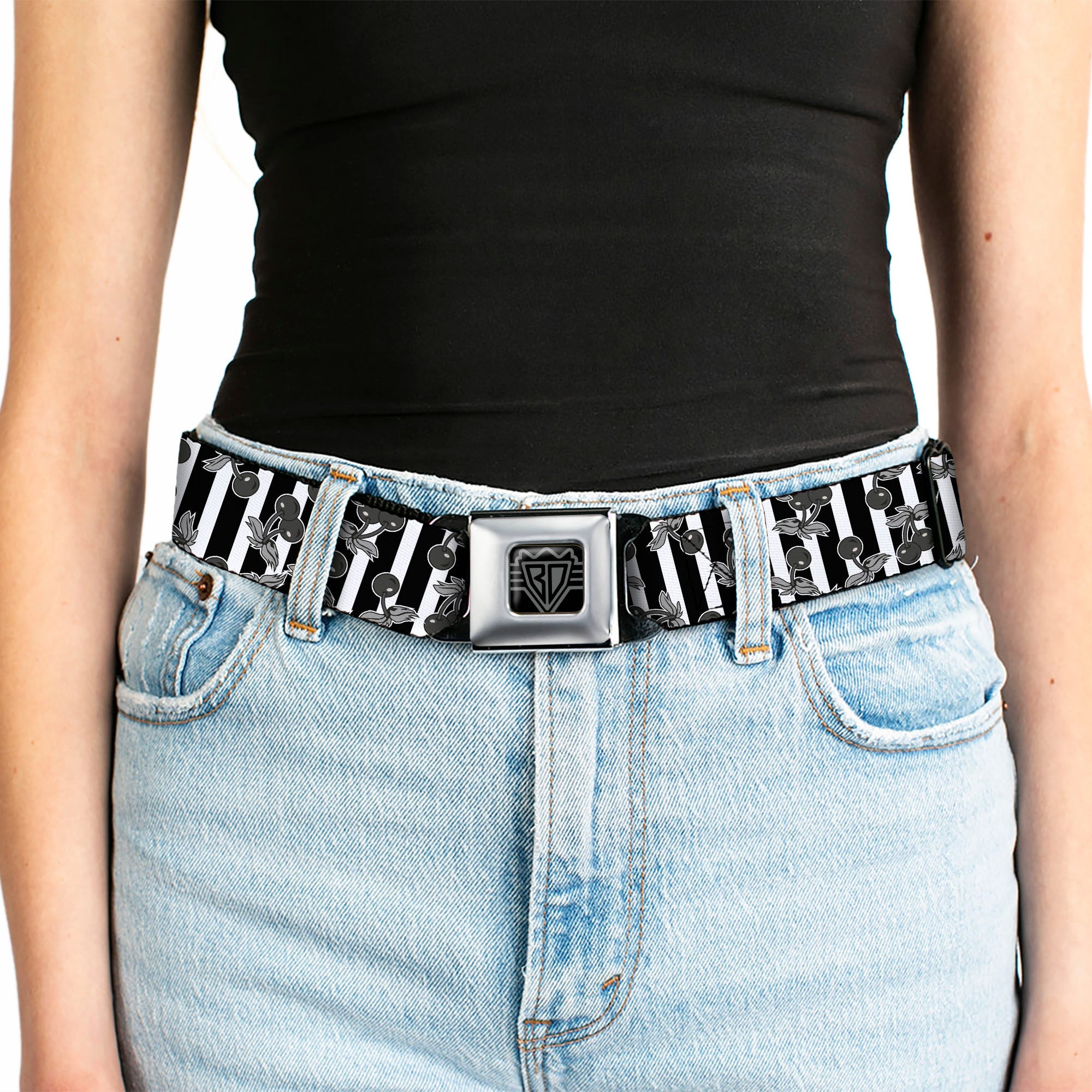 BD Wings Logo CLOSE-UP Full Color Black Silver Seatbelt Belt - Cherries Scattered/Vertical Stripe White/Black/Grays Webbing