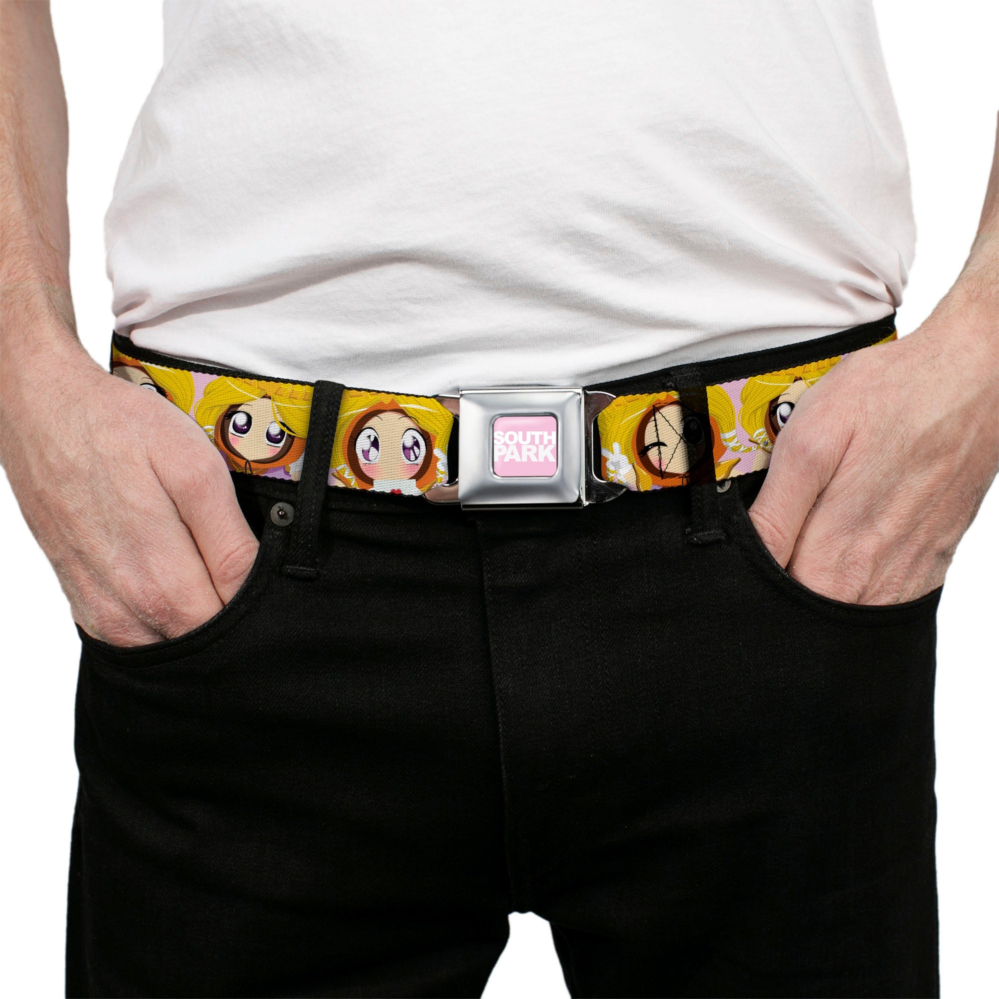 SOUTH PARK Title Logo Full Color Pink/White Seatbelt Belt - South Park Princess Kenny Expressions Pink Webbing