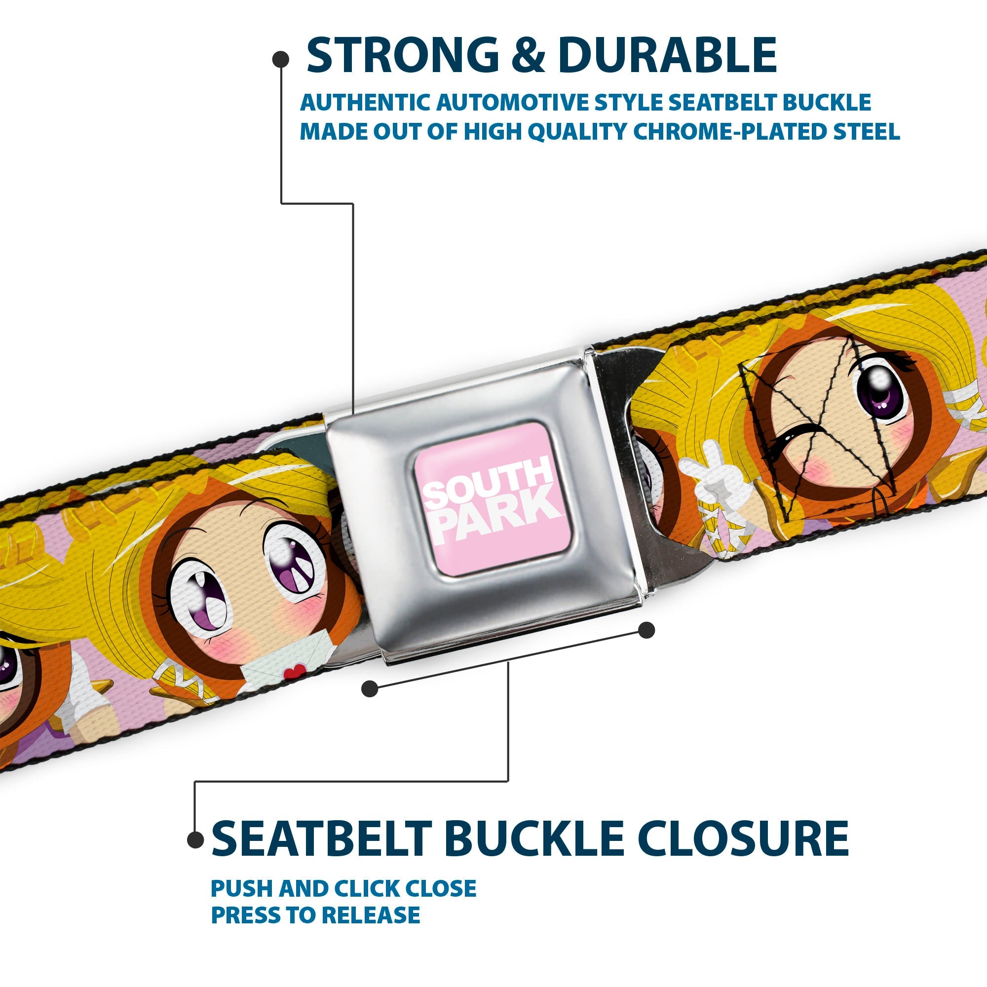 SOUTH PARK Title Logo Full Color Pink/White Seatbelt Belt - South Park Princess Kenny Expressions Pink Webbing
