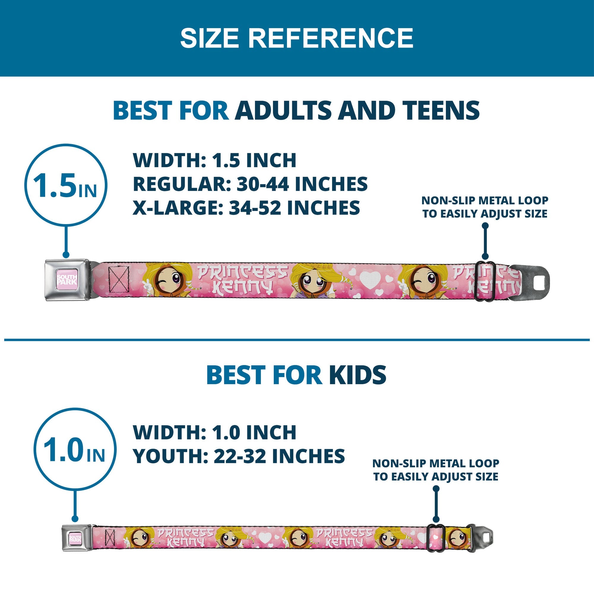 SOUTH PARK Title Logo Full Color Pink/White Seatbelt Belt - South Park PRINCESS KENNY Poses and Text Pinks/White Webbing
