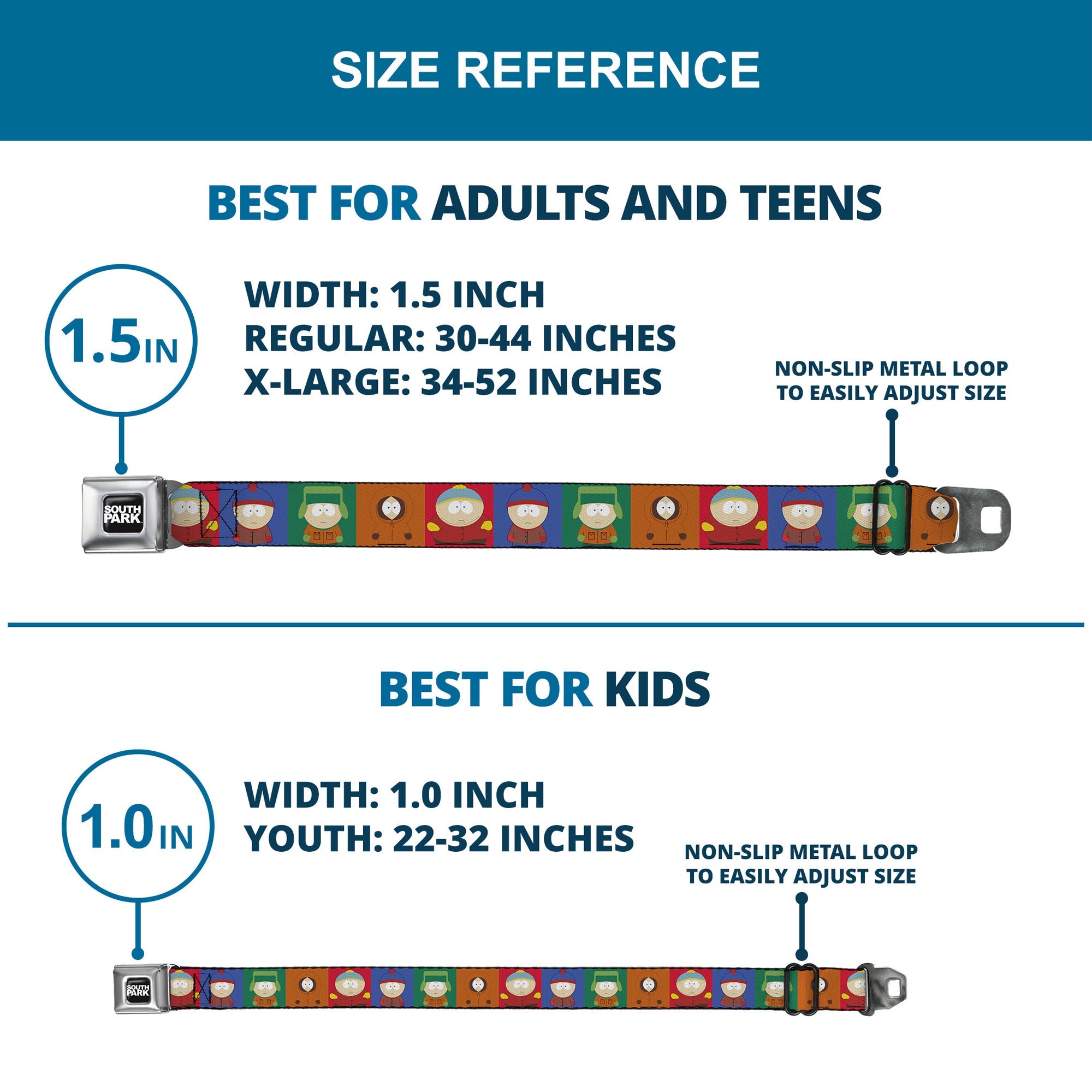 SOUTH PARK Title Logo Full Color Black/White Seatbelt Belt - South Park Boys Pose Blocks Multi Color Webbing
