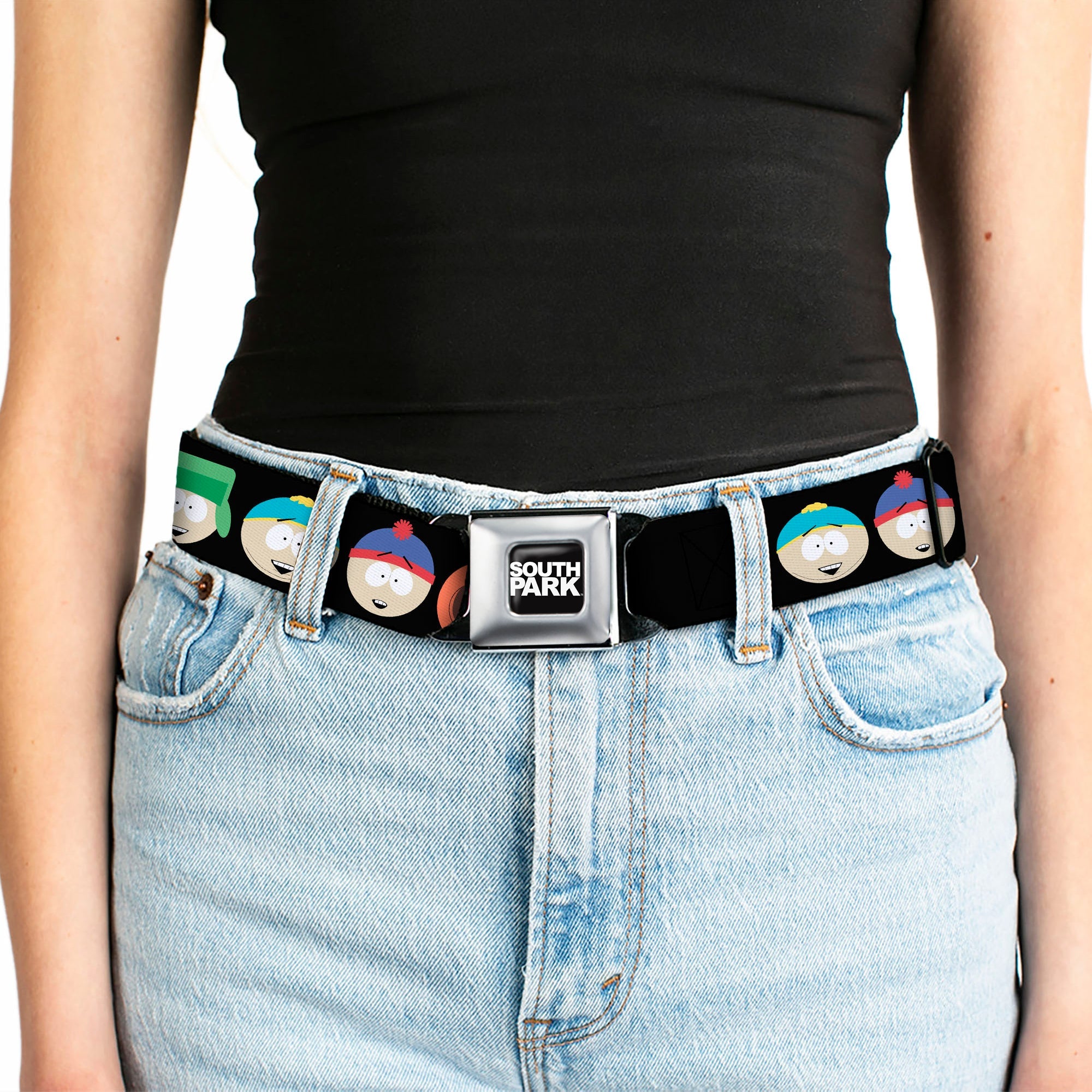 SOUTH PARK Title Logo Full Color Black/White Seatbelt Belt - South Park Boys Face Repeat Black Webbing
