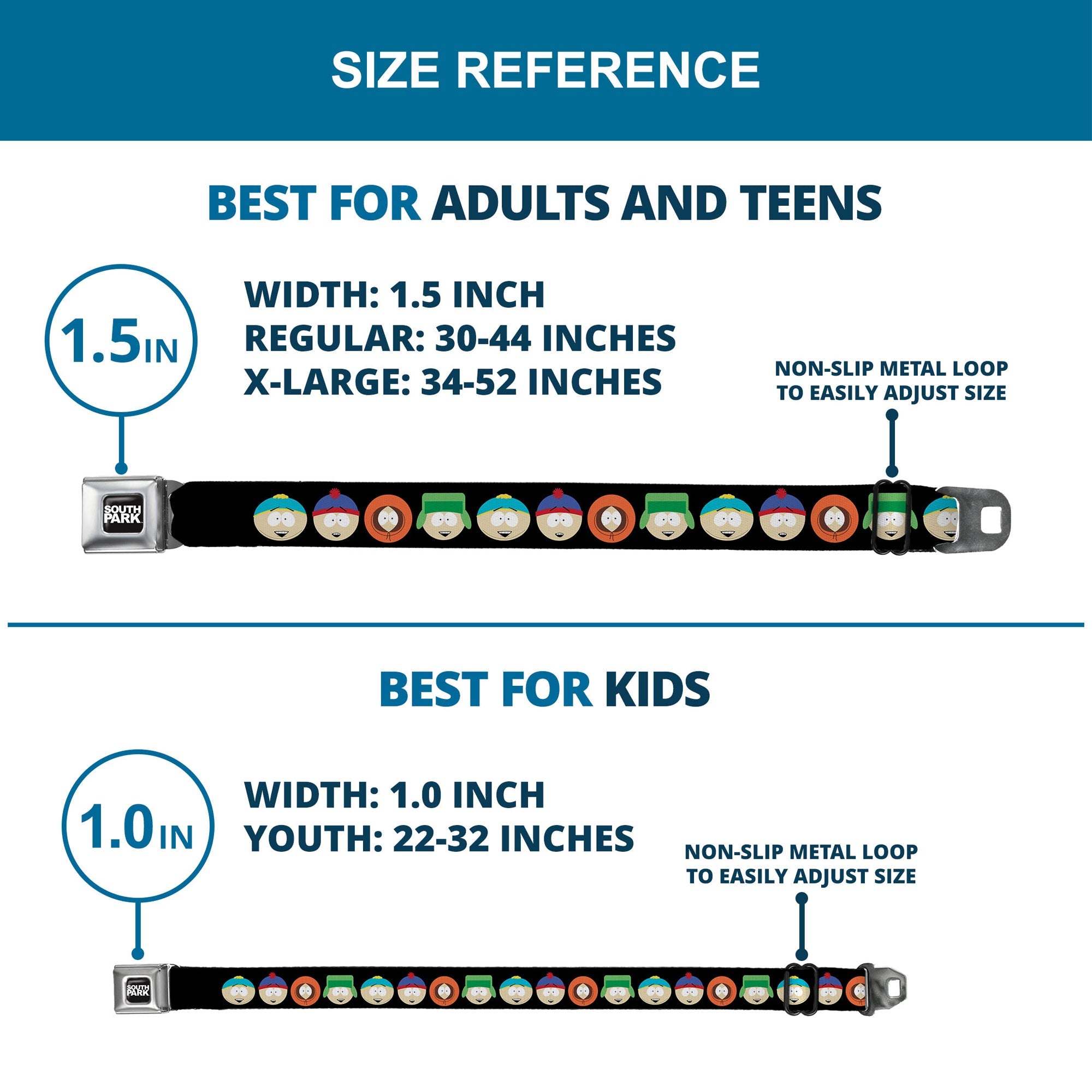 SOUTH PARK Title Logo Full Color Black/White Seatbelt Belt - South Park Boys Face Repeat Black Webbing