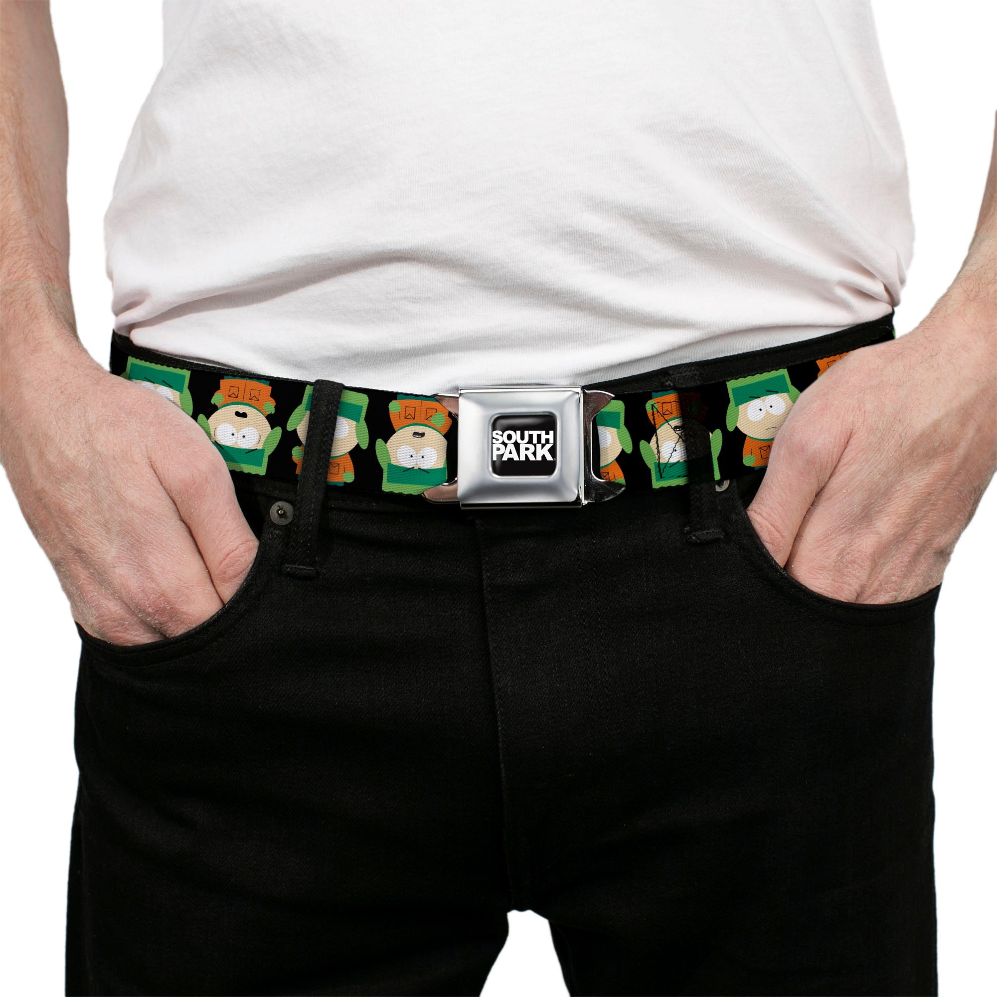 SOUTH PARK Title Logo Full Color Black/White Seatbelt Belt - South Park Kyle Flip Poses Black Webbing