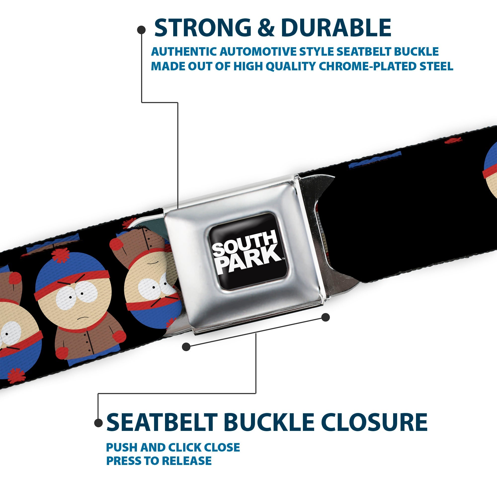 SOUTH PARK Title Logo Full Color Black/White Seatbelt Belt - South Park Stan Flip Poses Black Webbing