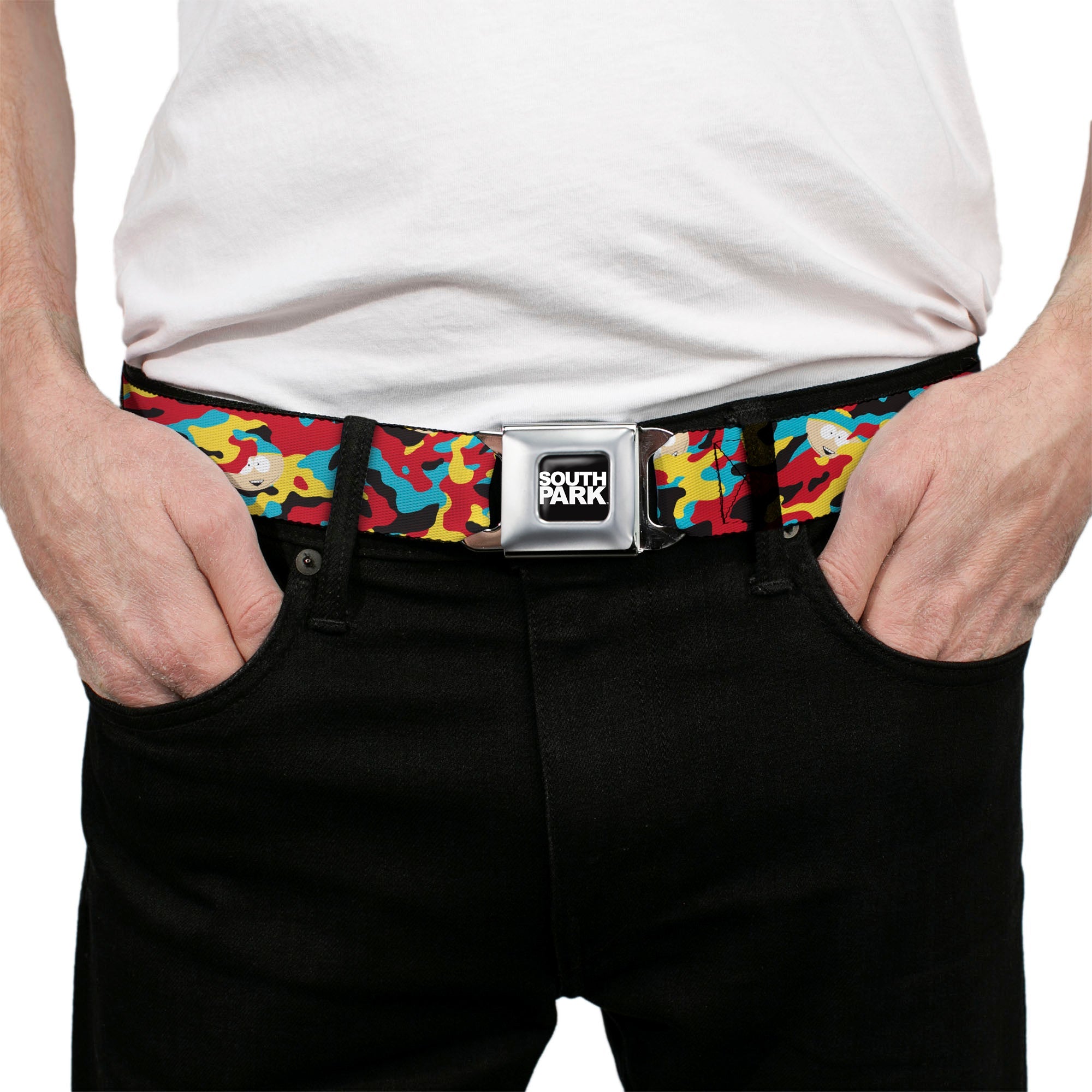 SOUTH PARK Title Logo Full Color Black/White Seatbelt Belt - South Park Cartman Camo Black/Red/Yellow/Blue Webbing