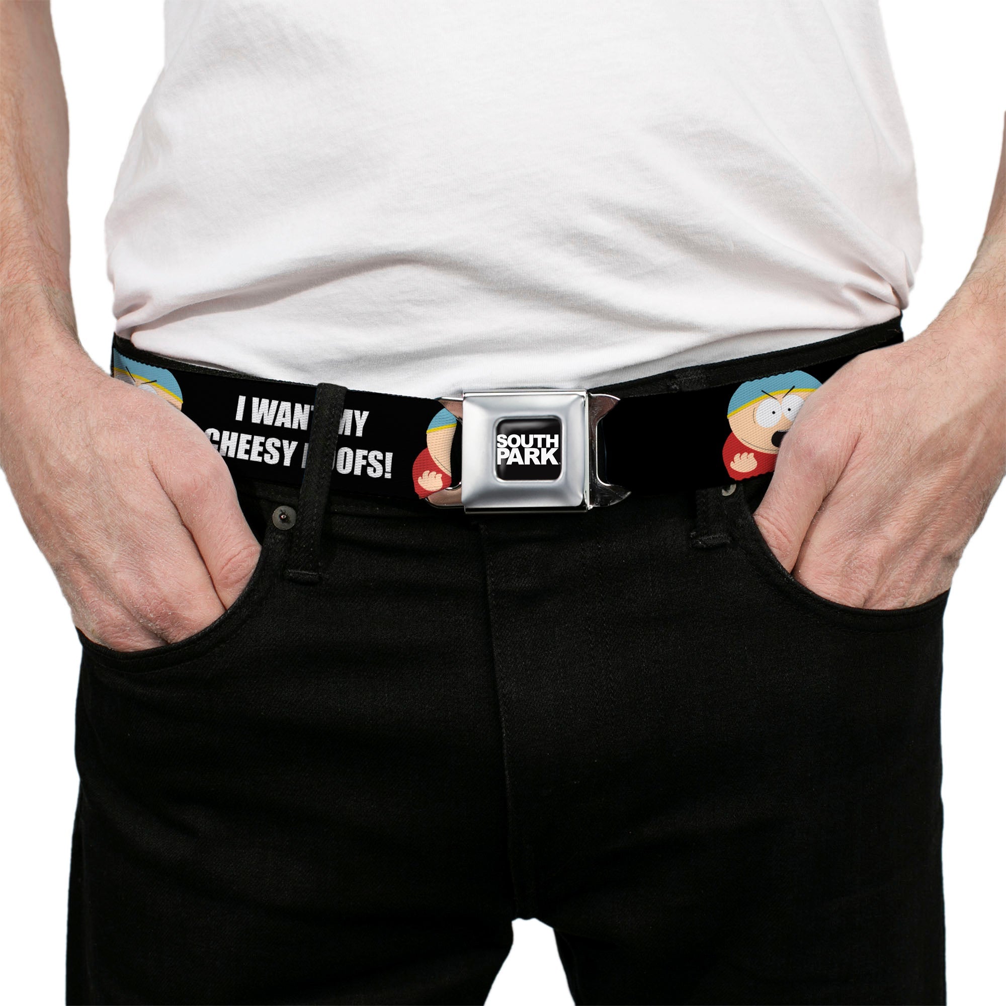SOUTH PARK Title Logo Full Color Black/White Seatbelt Belt - South Park Cartman I WANT MY CHEESY POOFS Pose Black Webbing