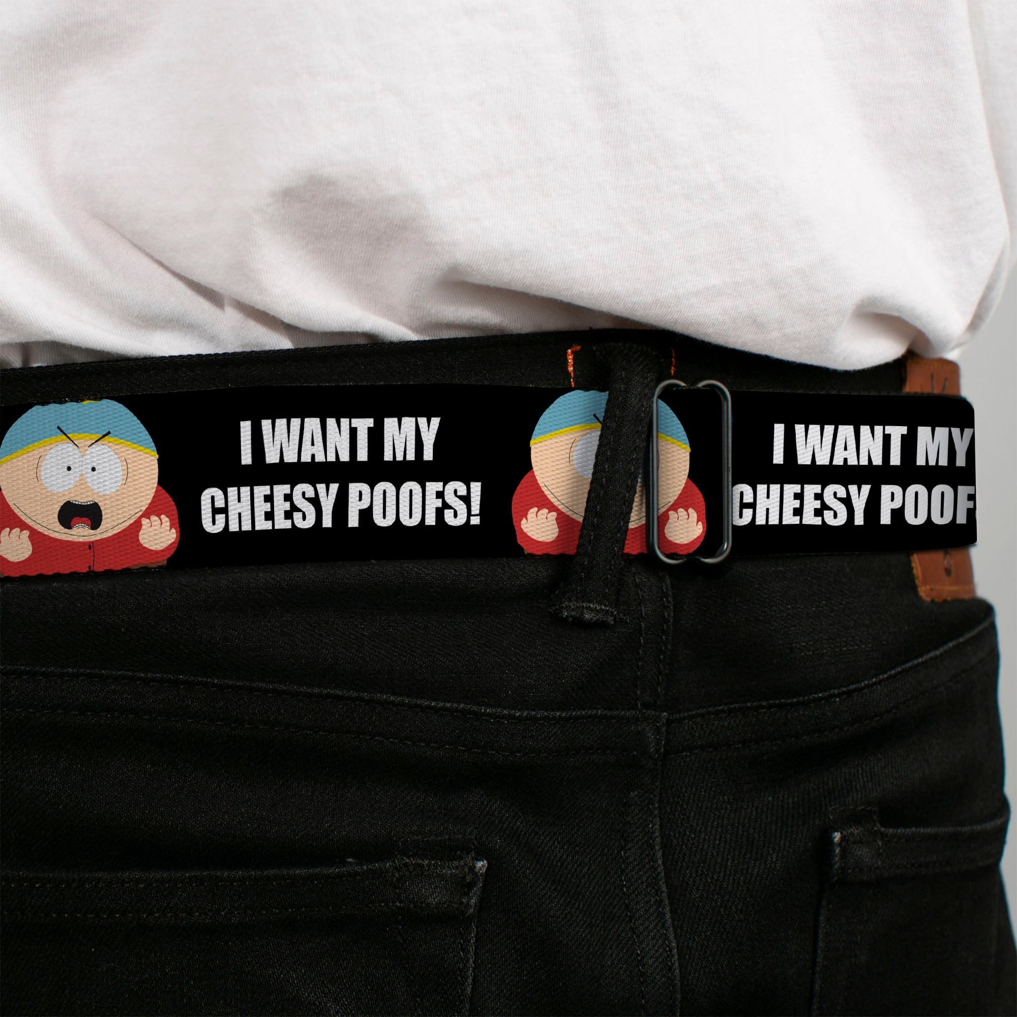 SOUTH PARK Title Logo Full Color Black/White Seatbelt Belt - South Park Cartman I WANT MY CHEESY POOFS Pose Black Webbing