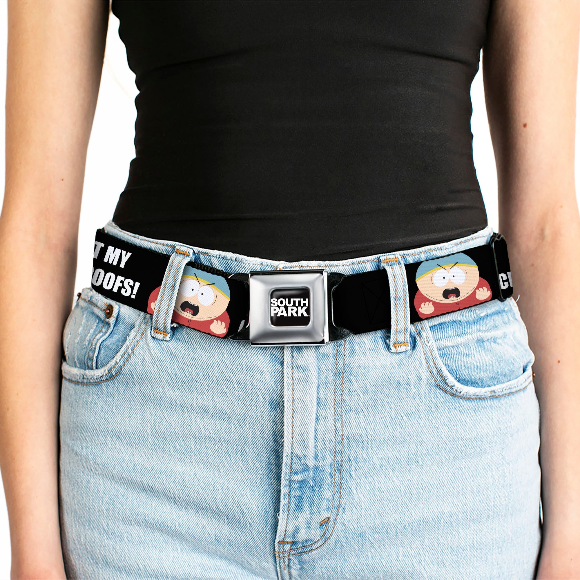 SOUTH PARK Title Logo Full Color Black/White Seatbelt Belt - South Park Cartman I WANT MY CHEESY POOFS Pose Black Webbing