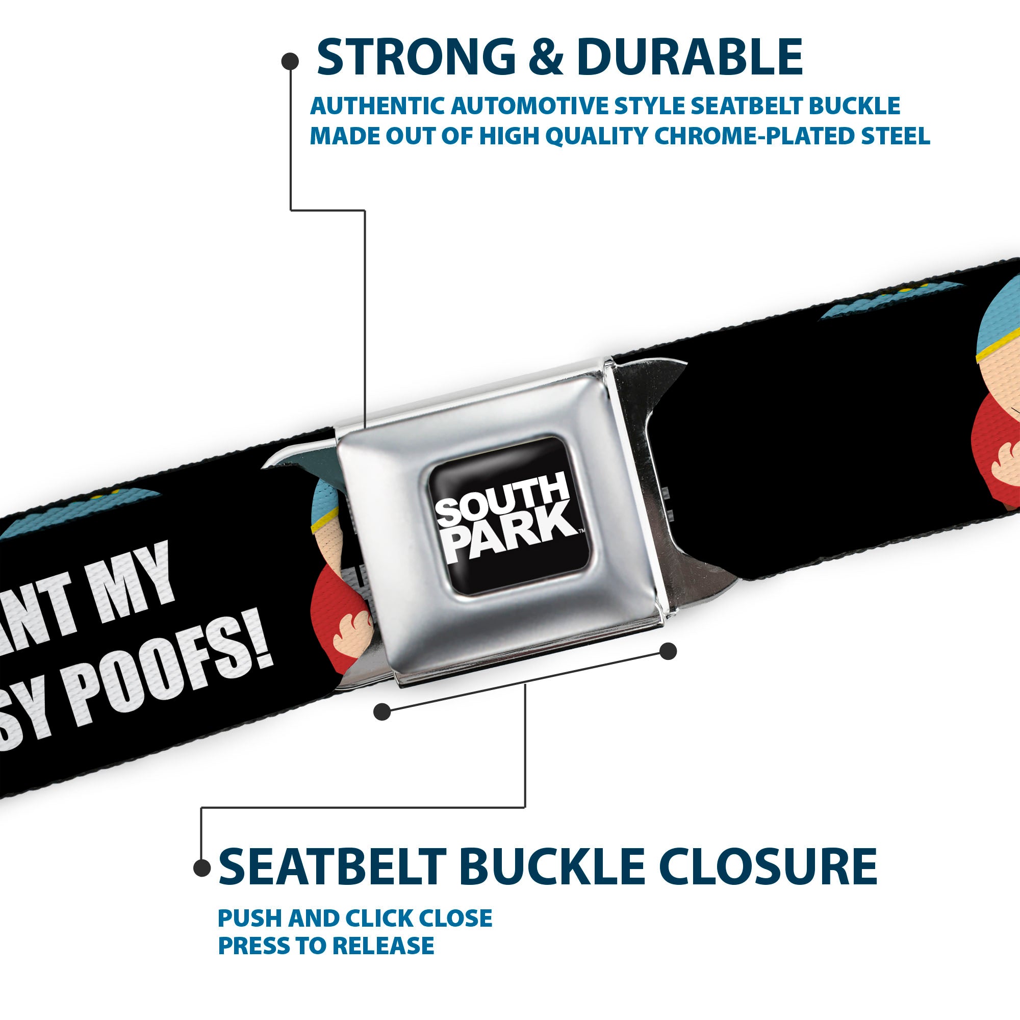 SOUTH PARK Title Logo Full Color Black/White Seatbelt Belt - South Park Cartman I WANT MY CHEESY POOFS Pose Black Webbing