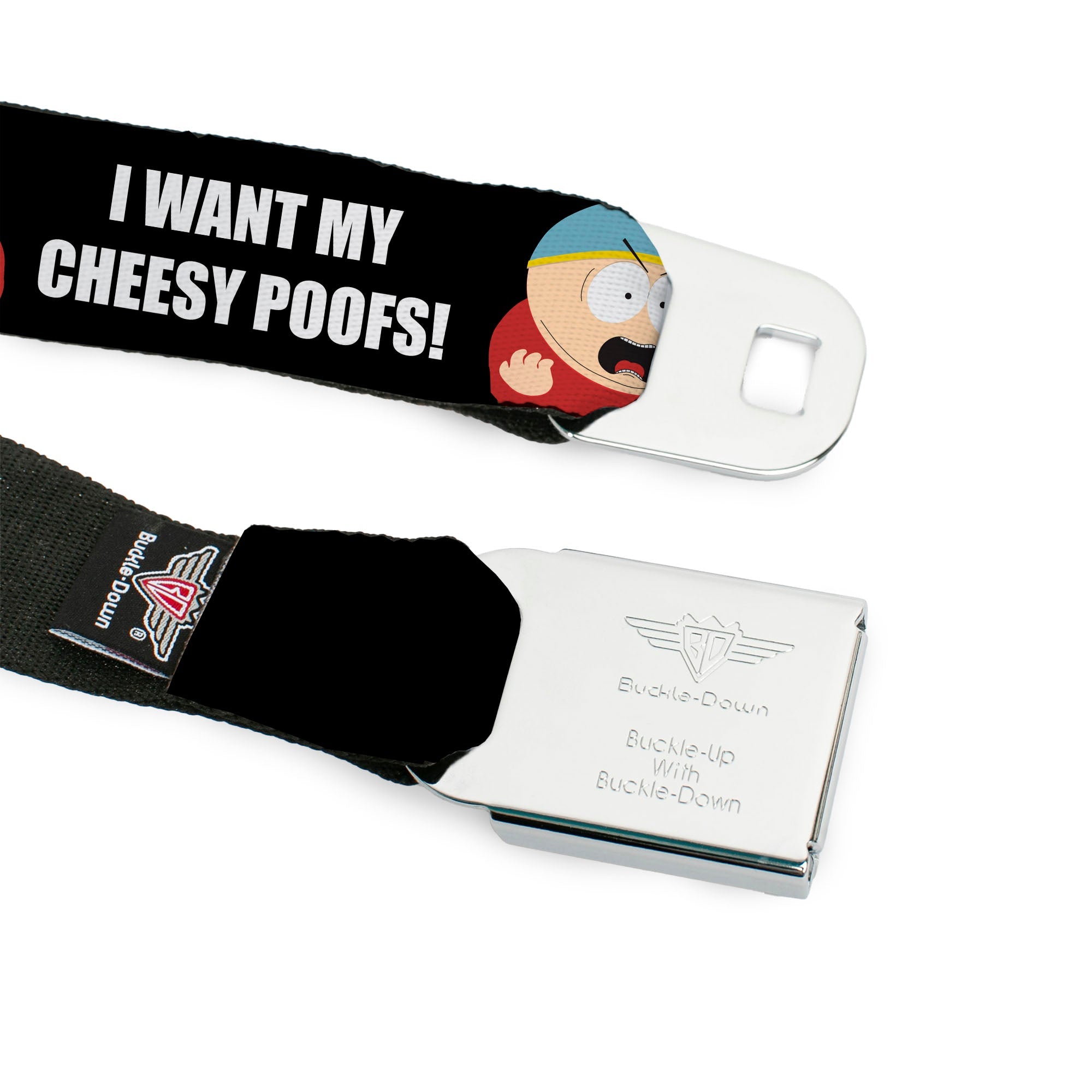SOUTH PARK Title Logo Full Color Black/White Seatbelt Belt - South Park Cartman I WANT MY CHEESY POOFS Pose Black Webbing