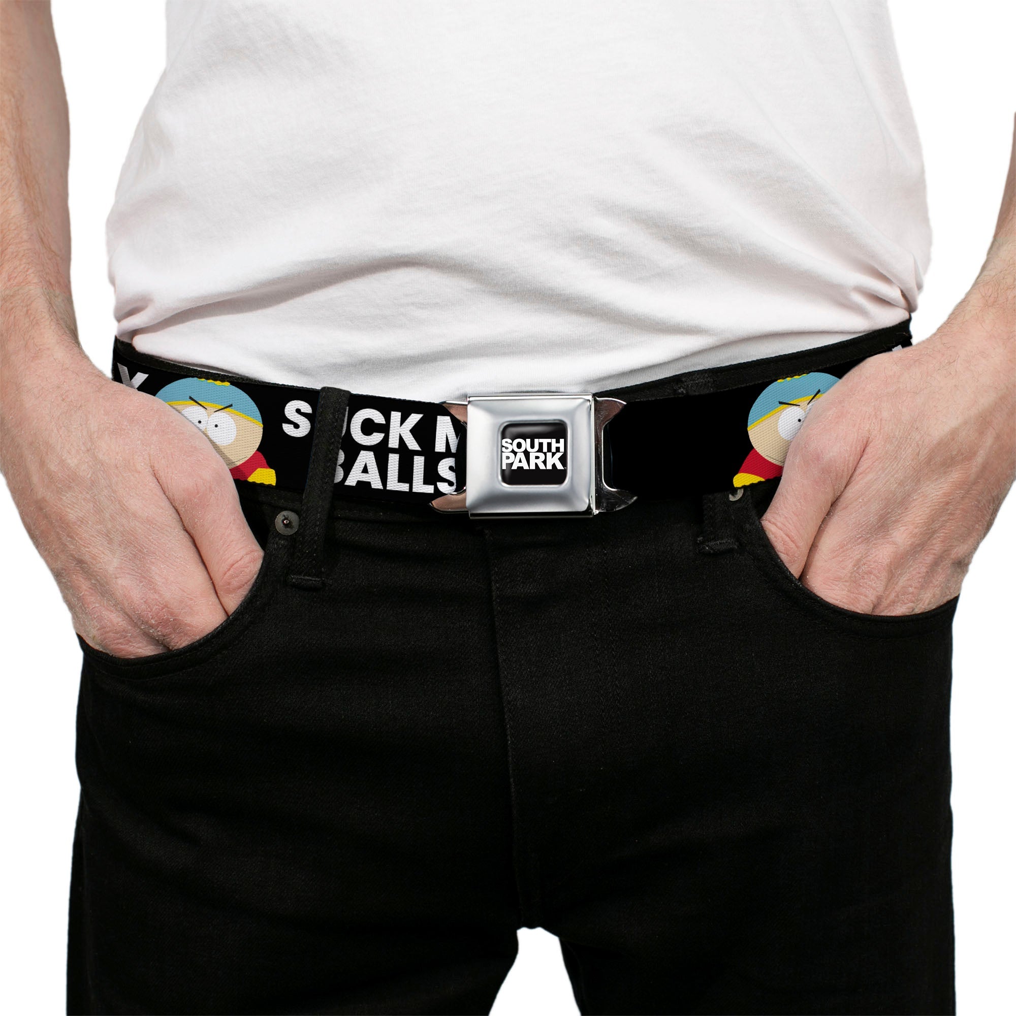 SOUTH PARK Title Logo Full Color Black/White Seatbelt Belt - South Park Cartman SUCK MY BALLS Pose Black/White Webbing