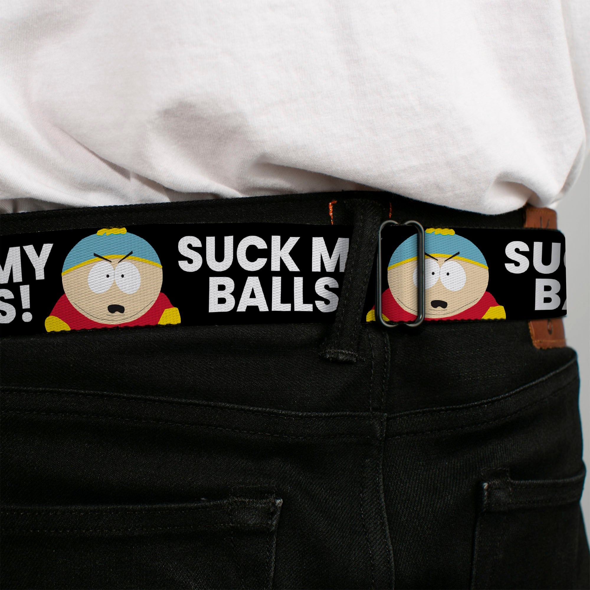SOUTH PARK Title Logo Full Color Black/White Seatbelt Belt - South Park Cartman SUCK MY BALLS Pose Black/White Webbing