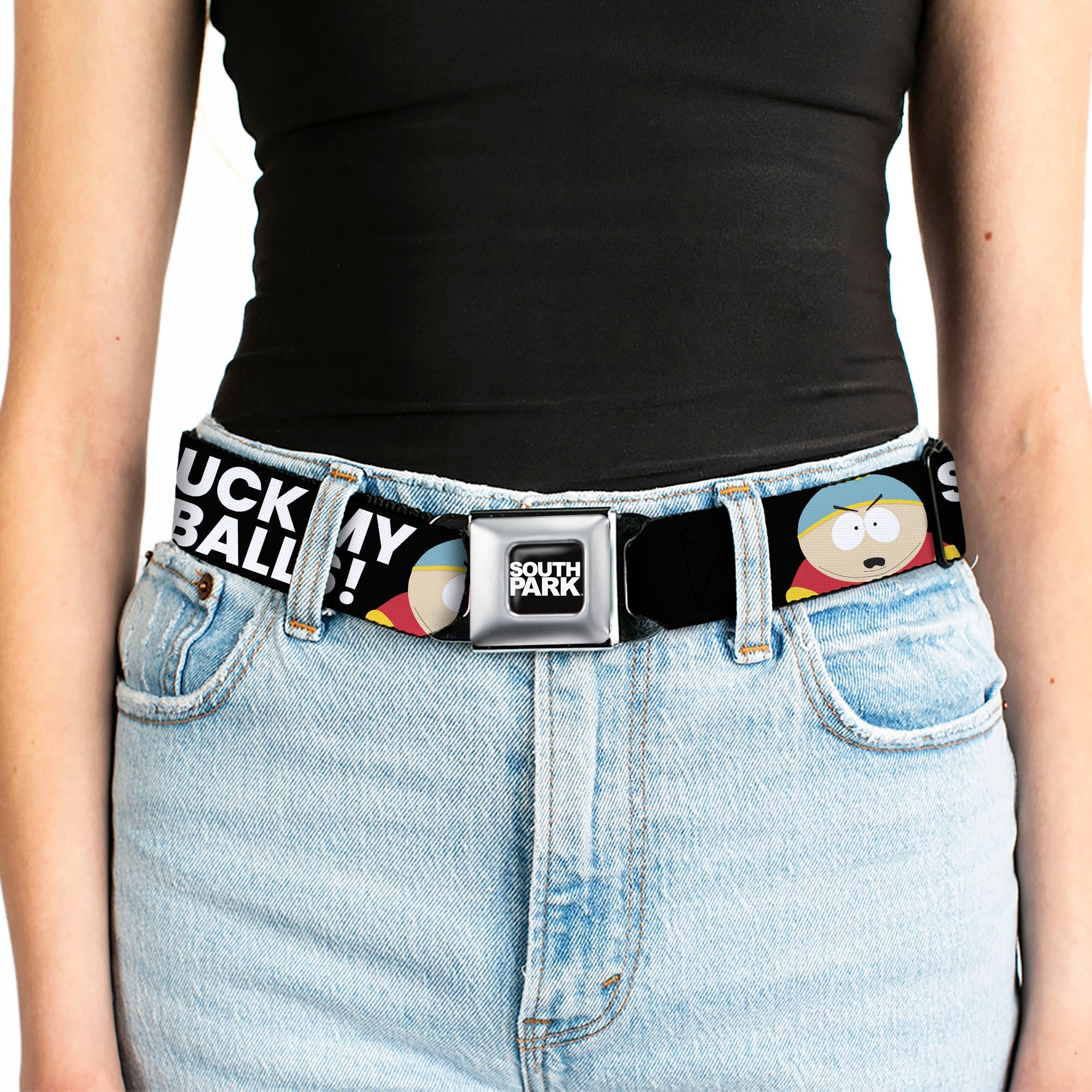 SOUTH PARK Title Logo Full Color Black/White Seatbelt Belt - South Park Cartman SUCK MY BALLS Pose Black/White Webbing