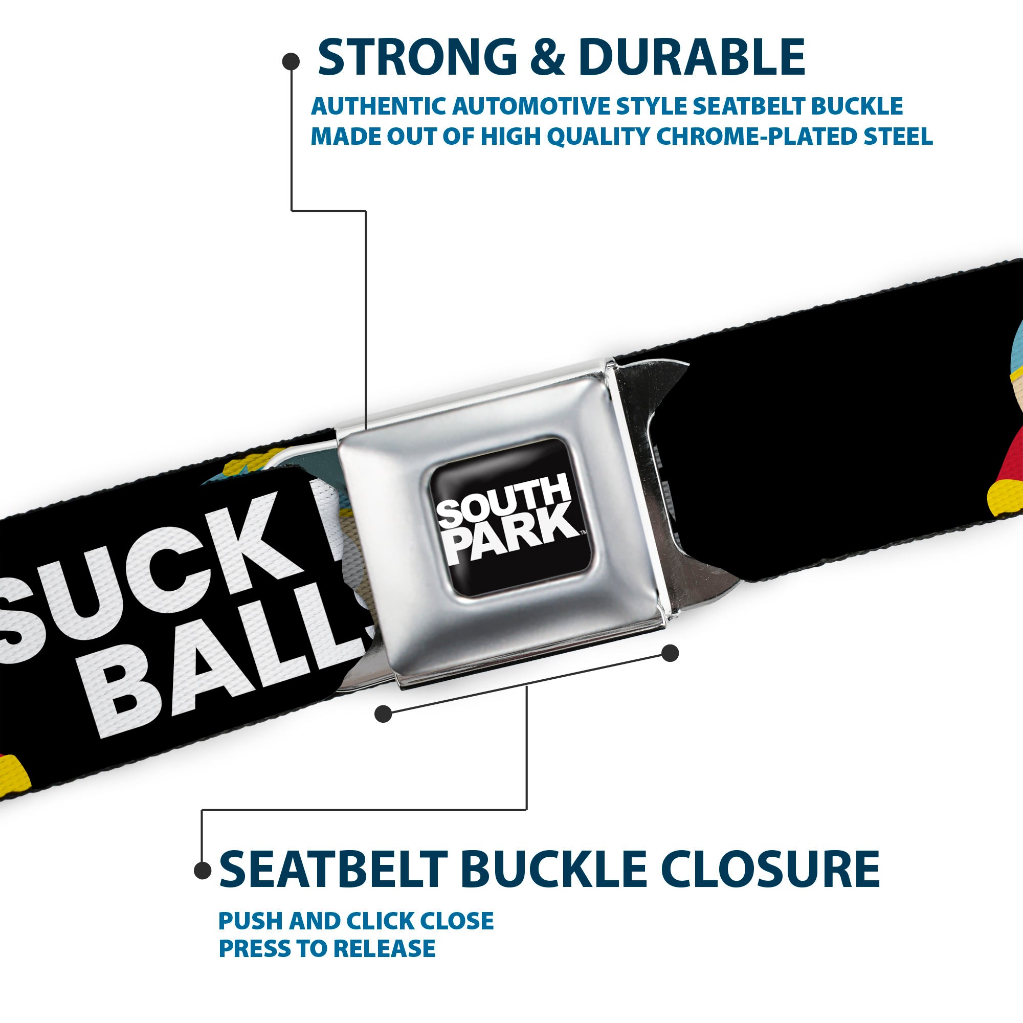 SOUTH PARK Title Logo Full Color Black/White Seatbelt Belt - South Park Cartman SUCK MY BALLS Pose Black/White Webbing