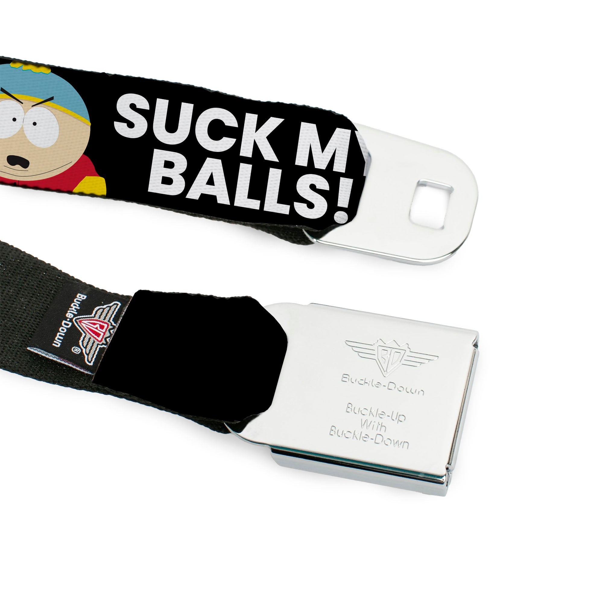 SOUTH PARK Title Logo Full Color Black/White Seatbelt Belt - South Park Cartman SUCK MY BALLS Pose Black/White Webbing