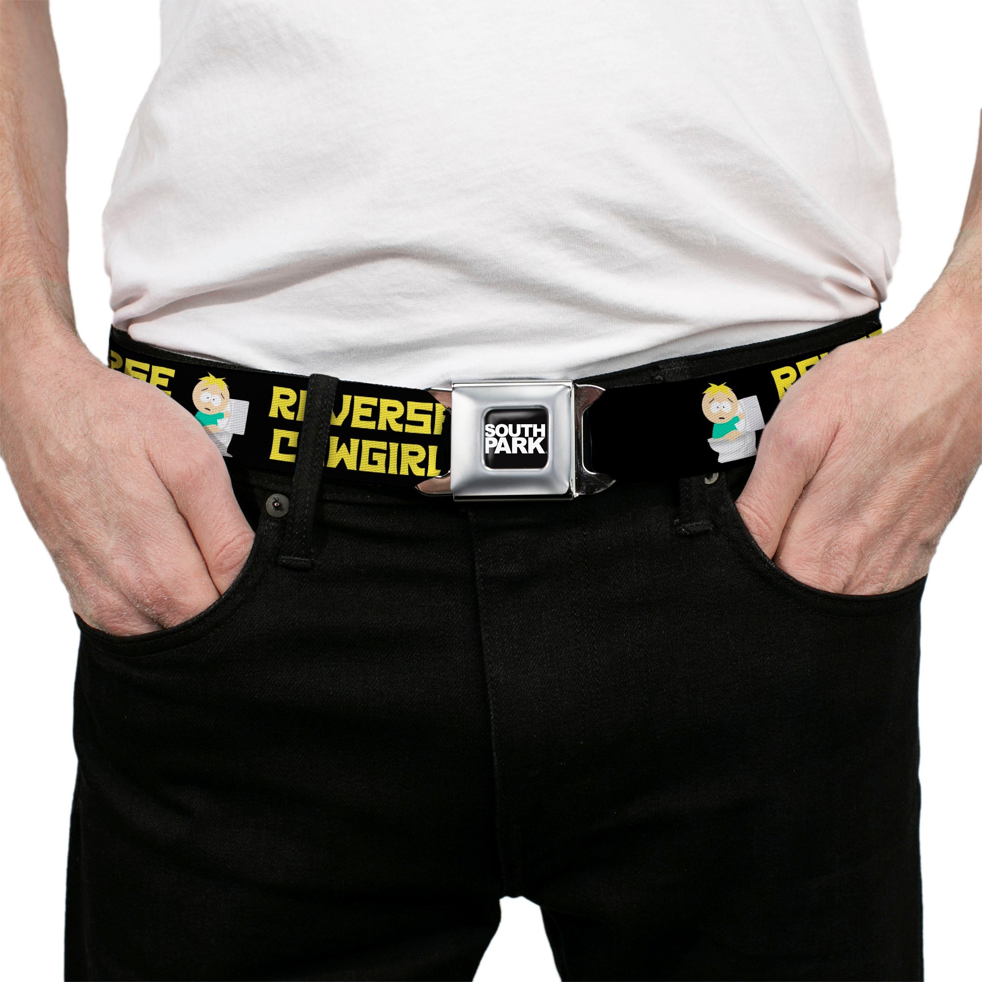 SOUTH PARK Title Logo Full Color Black/White Seatbelt Belt - South Park Butters REVERSE COWGIRL Toilet Pose Black/Yellow Webbing
