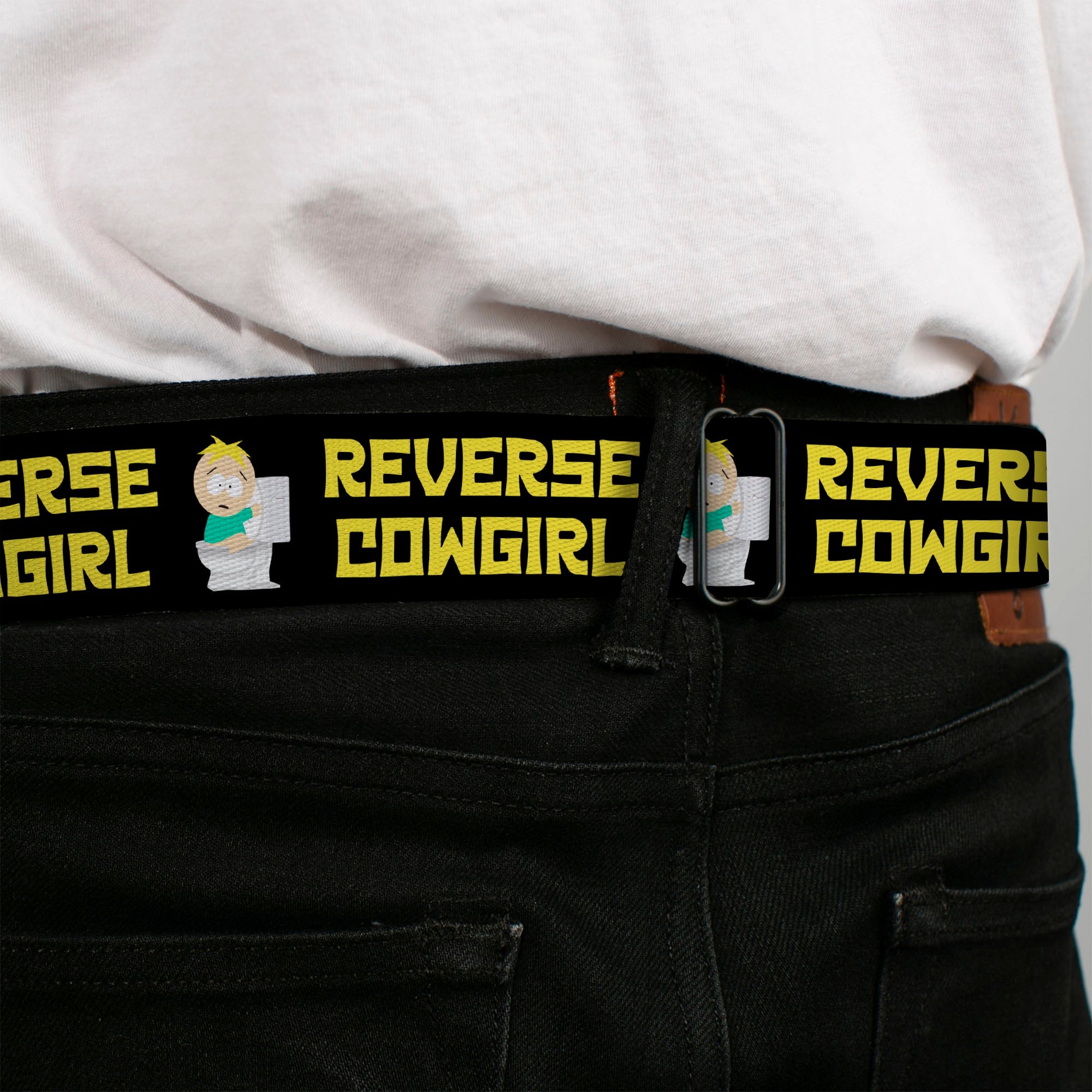 SOUTH PARK Title Logo Full Color Black/White Seatbelt Belt - South Park Butters REVERSE COWGIRL Toilet Pose Black/Yellow Webbing