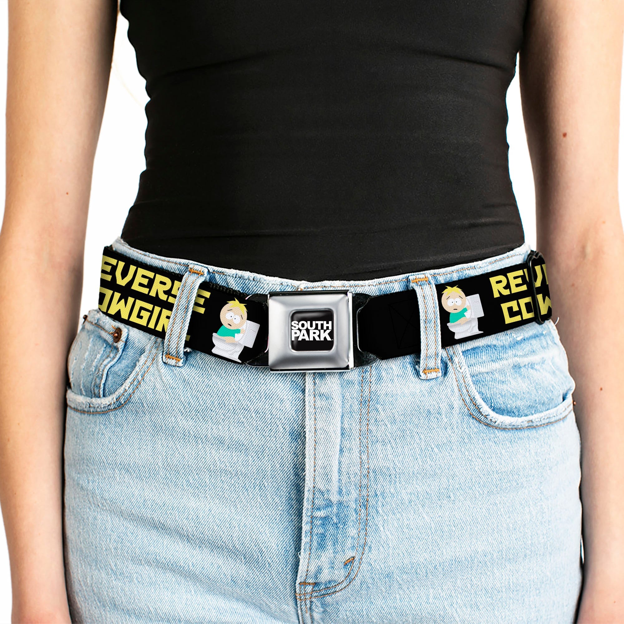 SOUTH PARK Title Logo Full Color Black/White Seatbelt Belt - South Park Butters REVERSE COWGIRL Toilet Pose Black/Yellow Webbing