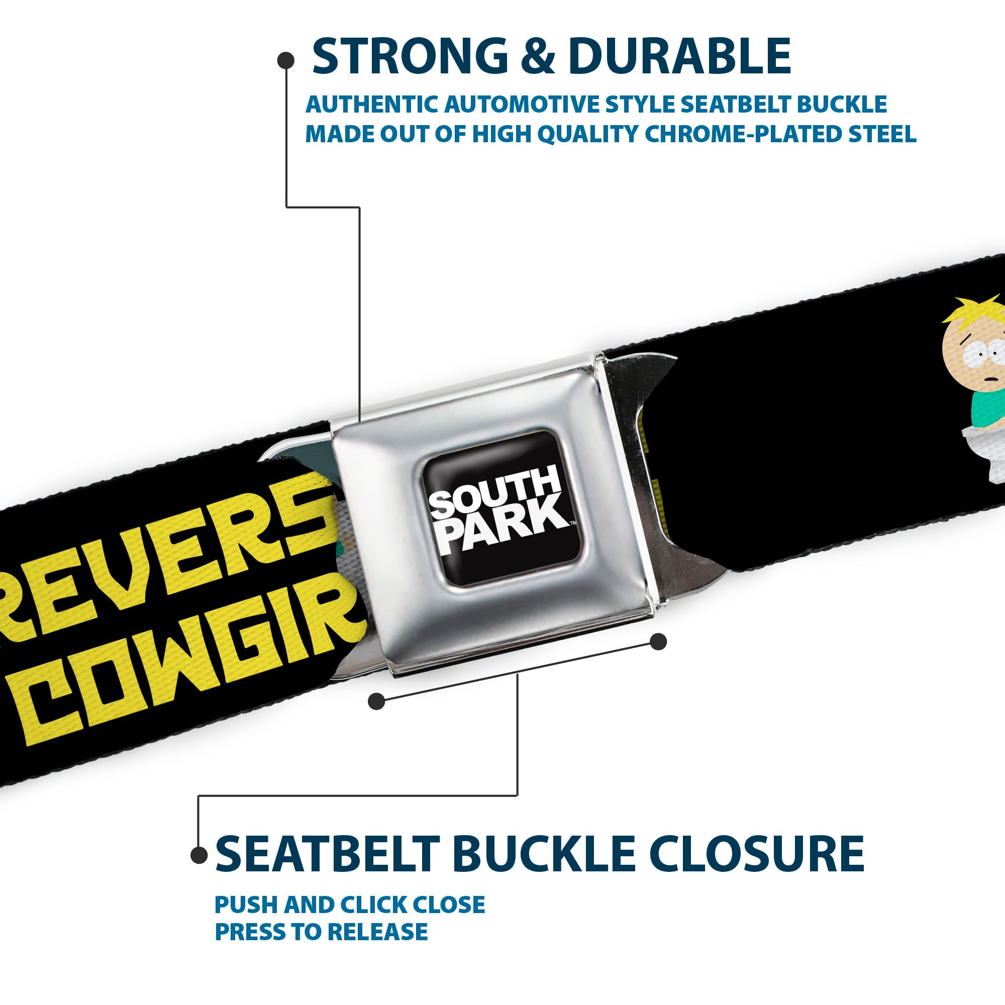 SOUTH PARK Title Logo Full Color Black/White Seatbelt Belt - South Park Butters REVERSE COWGIRL Toilet Pose Black/Yellow Webbing