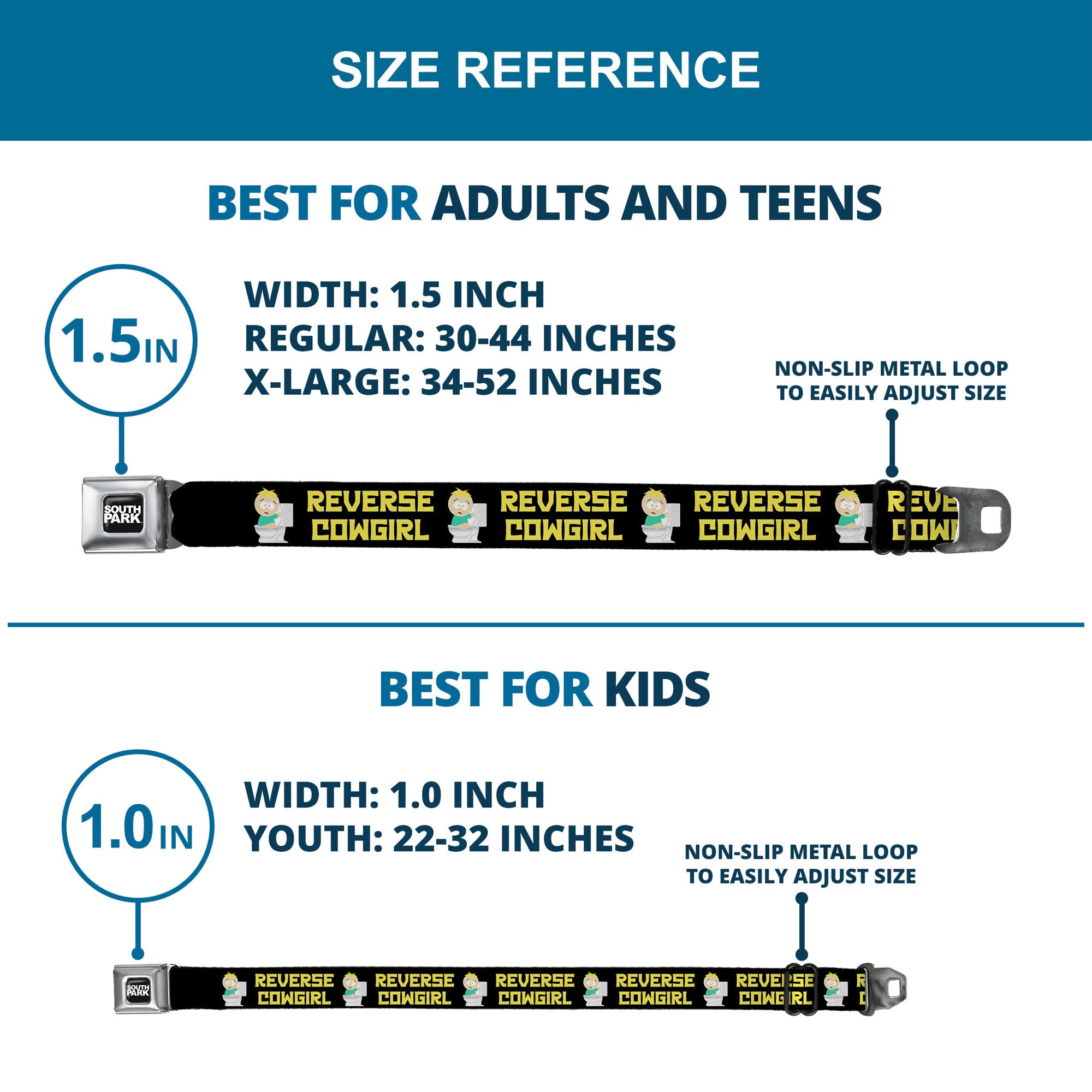 SOUTH PARK Title Logo Full Color Black/White Seatbelt Belt - South Park Butters REVERSE COWGIRL Toilet Pose Black/Yellow Webbing