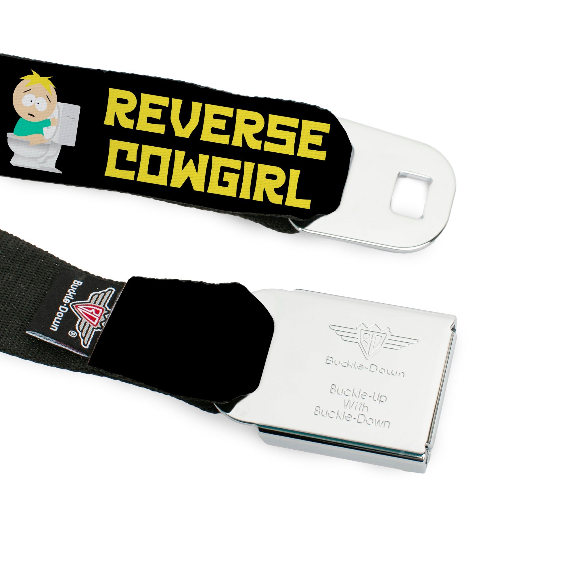 SOUTH PARK Title Logo Full Color Black/White Seatbelt Belt - South Park Butters REVERSE COWGIRL Toilet Pose Black/Yellow Webbing