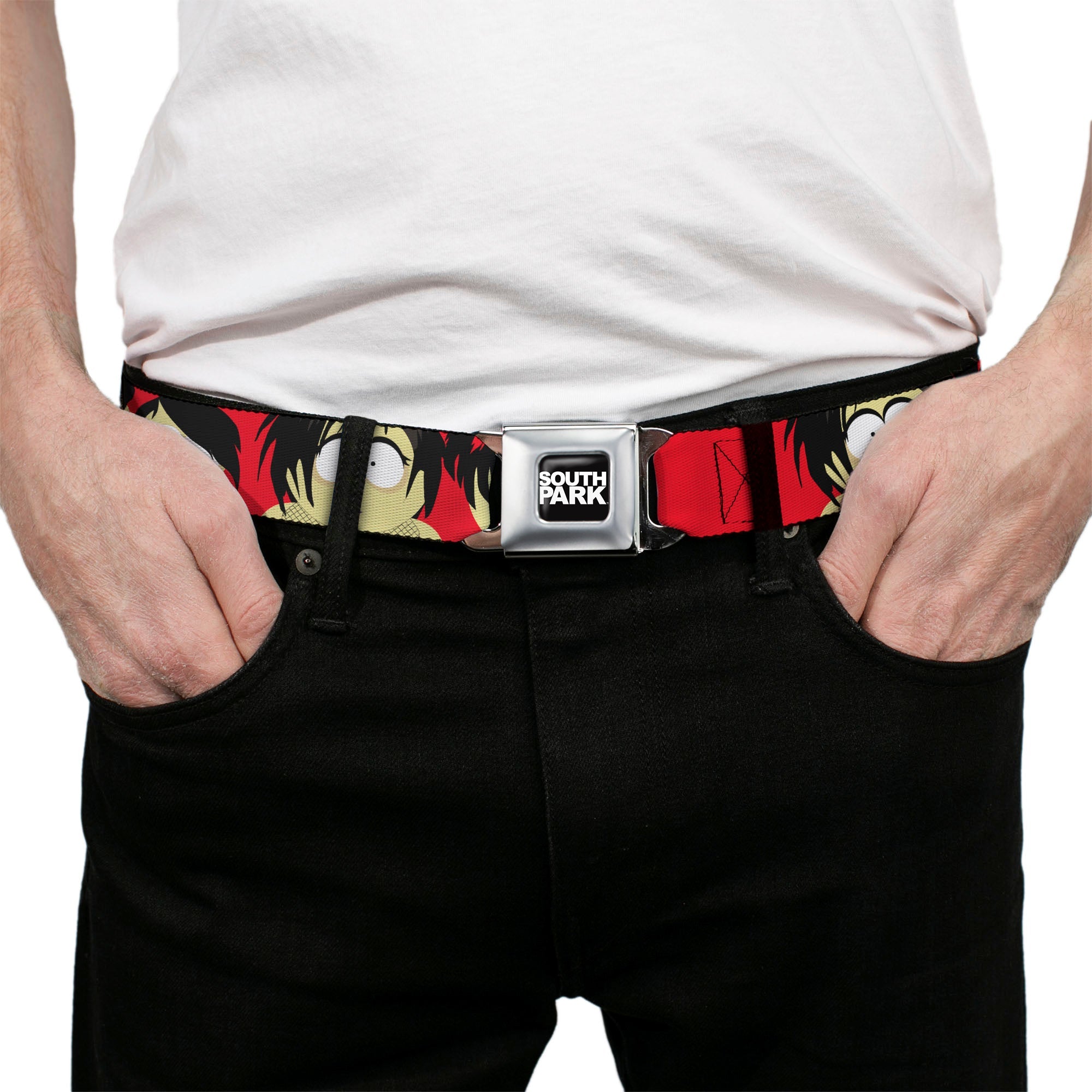 SOUTH PARK Title Logo Full Color Black/White Seatbelt Belt - South Park Goth Kids Expressions Red Webbing