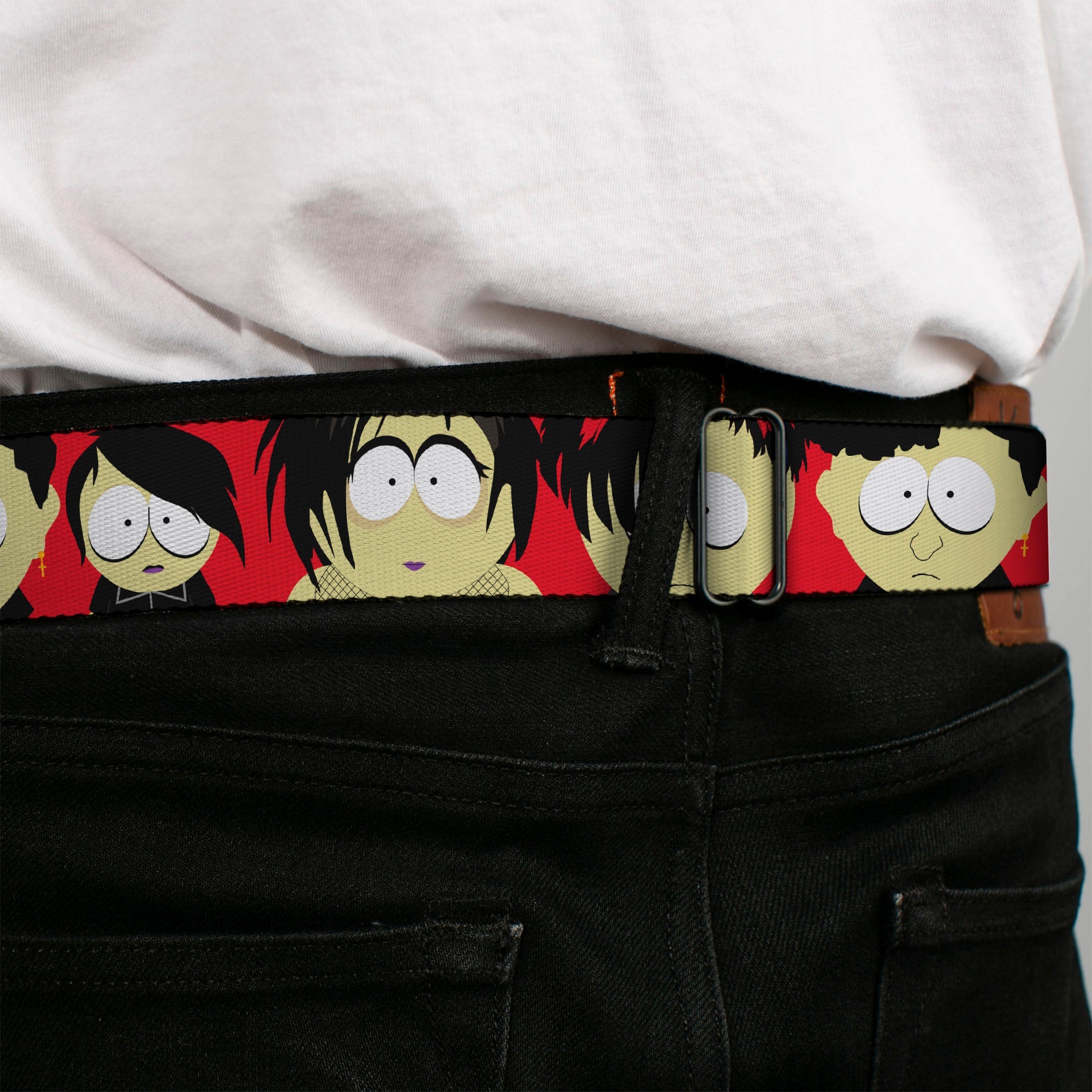 SOUTH PARK Title Logo Full Color Black/White Seatbelt Belt - South Park Goth Kids Expressions Red Webbing