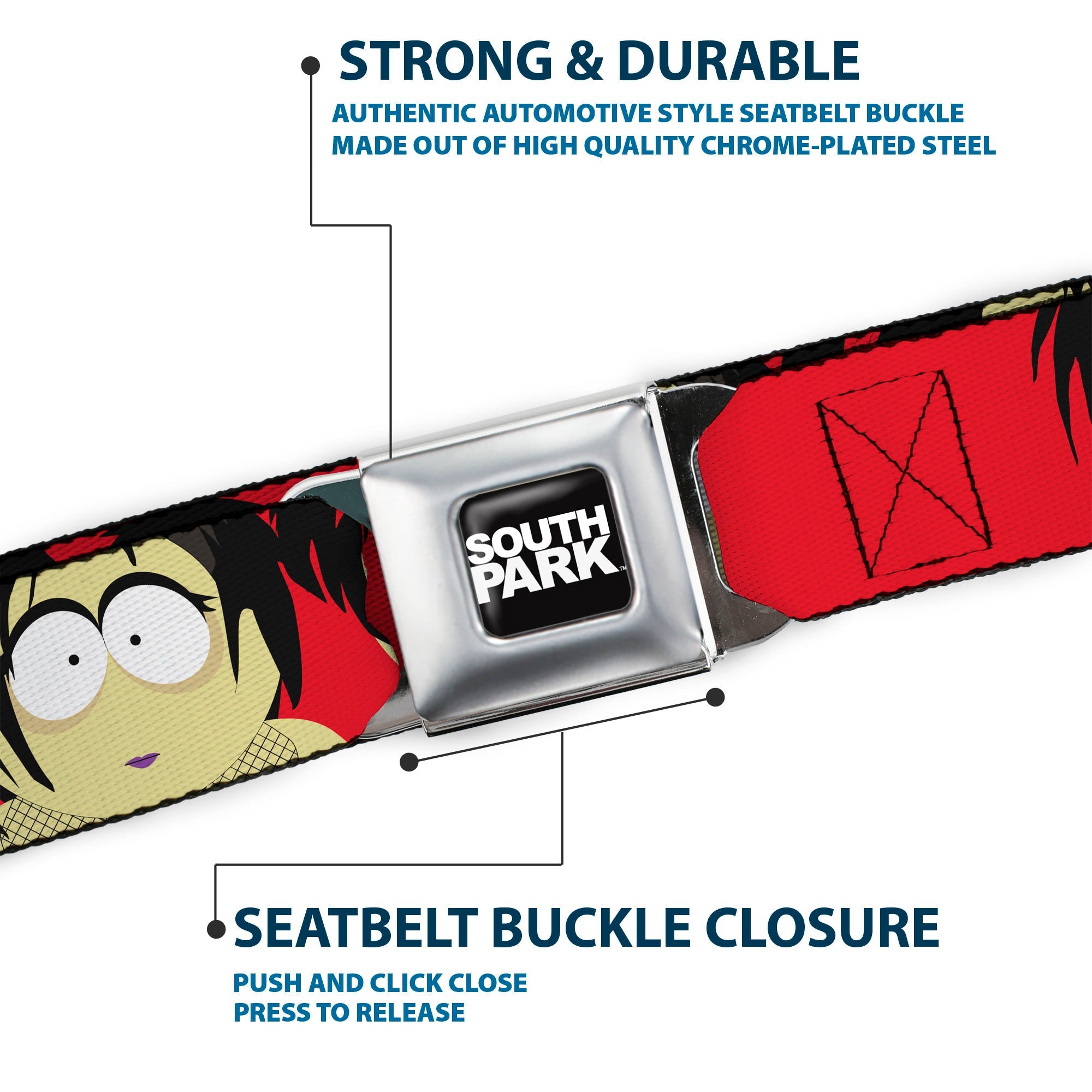 SOUTH PARK Title Logo Full Color Black/White Seatbelt Belt - South Park Goth Kids Expressions Red Webbing