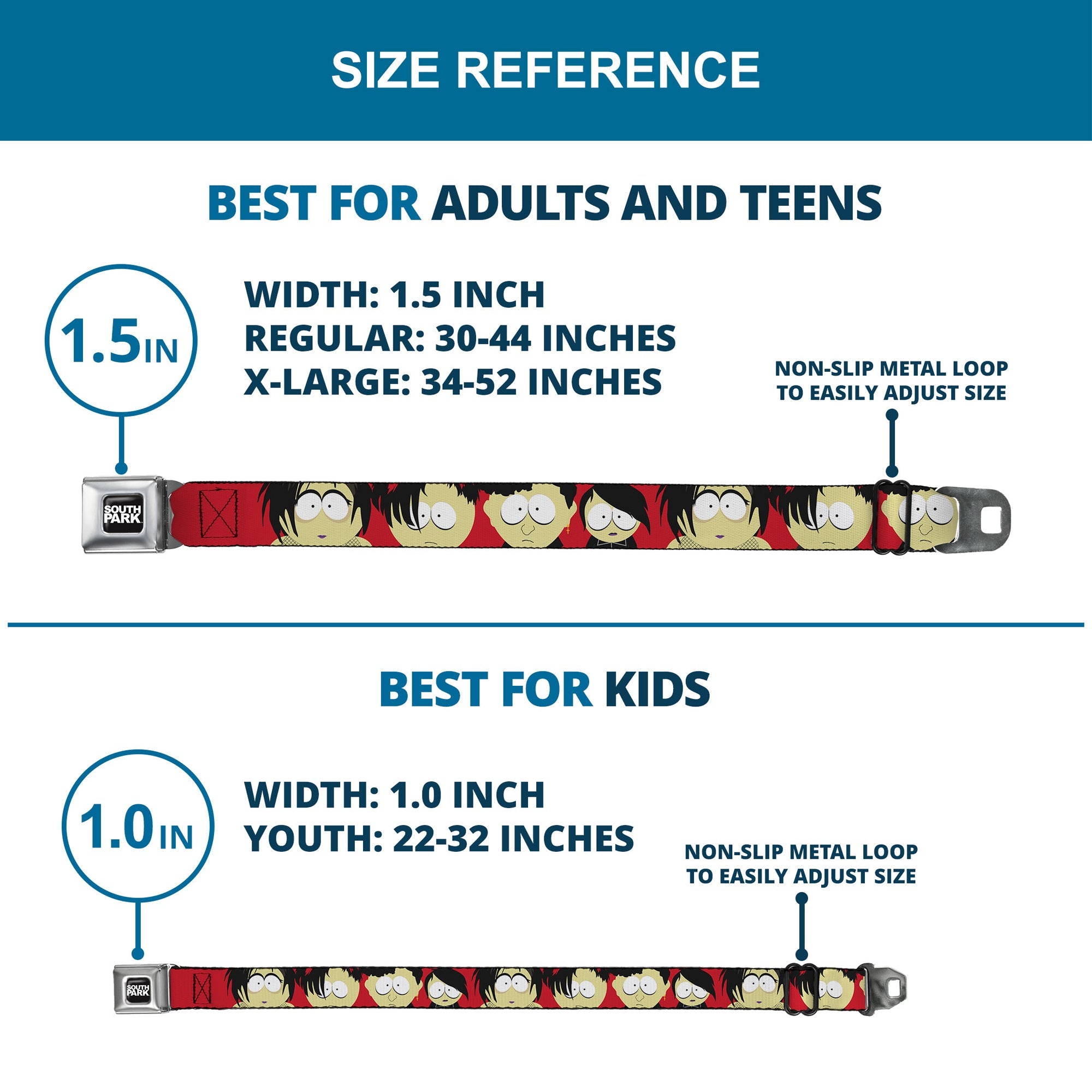 SOUTH PARK Title Logo Full Color Black/White Seatbelt Belt - South Park Goth Kids Expressions Red Webbing