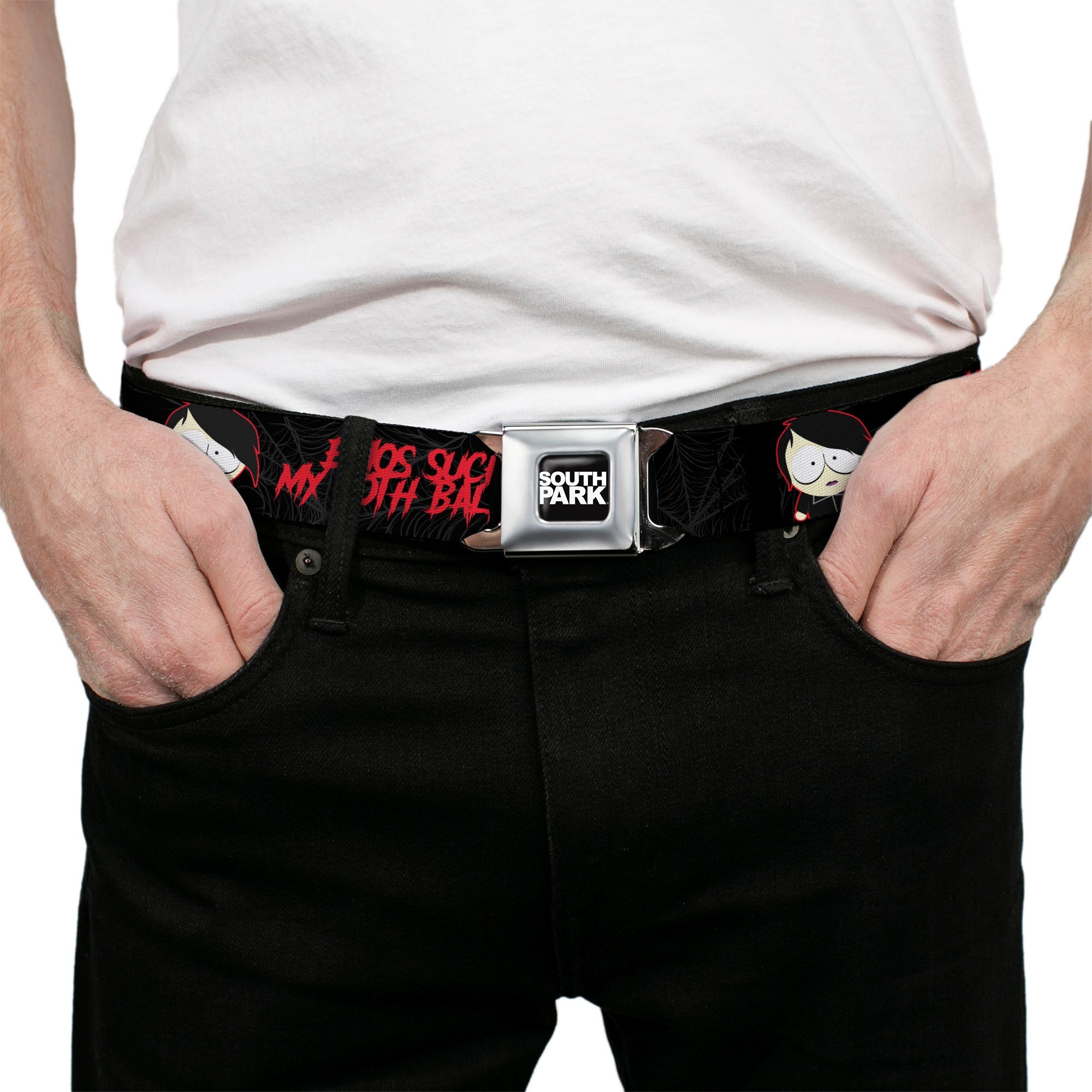SOUTH PARK Title Logo Full Color Black/White Seatbelt Belt - South Park Goth Firkle EMOS SUCKS MY GOTH BALLS! Black/Gray/Red Webbing