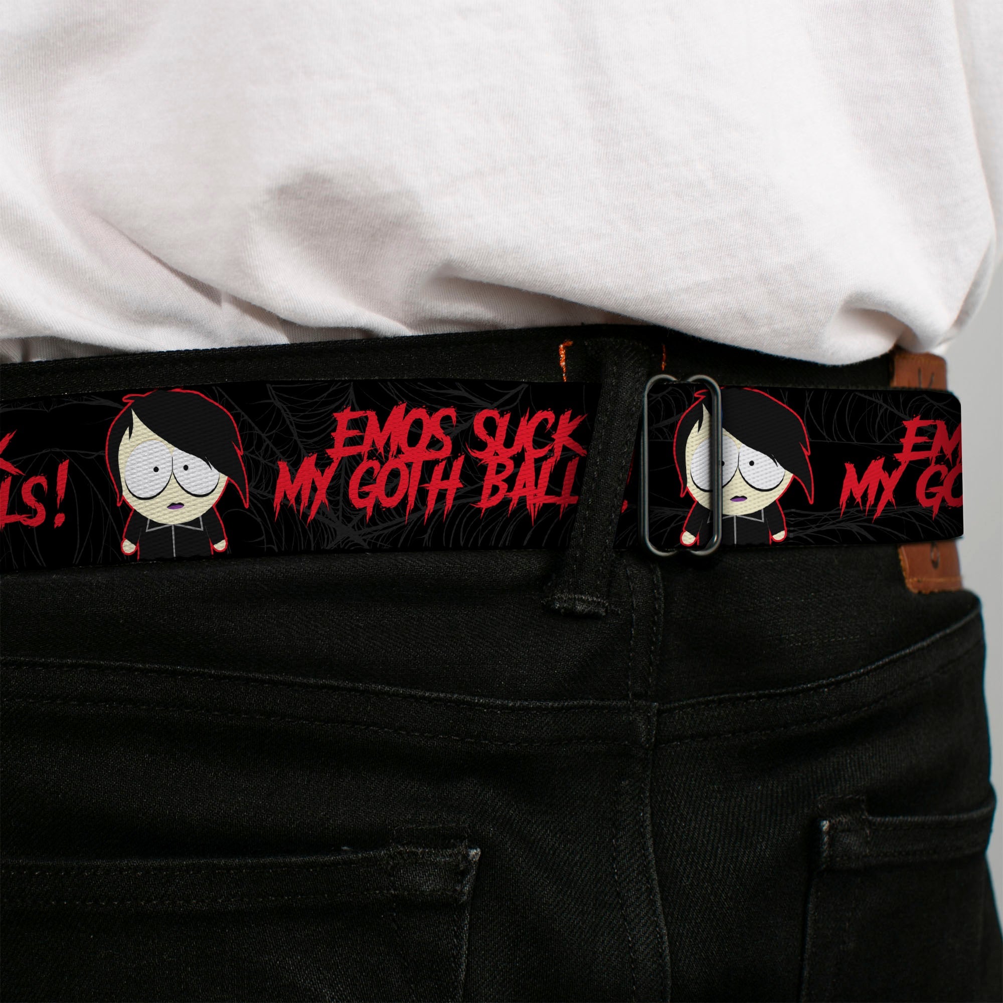 SOUTH PARK Title Logo Full Color Black/White Seatbelt Belt - South Park Goth Firkle EMOS SUCKS MY GOTH BALLS! Black/Gray/Red Webbing