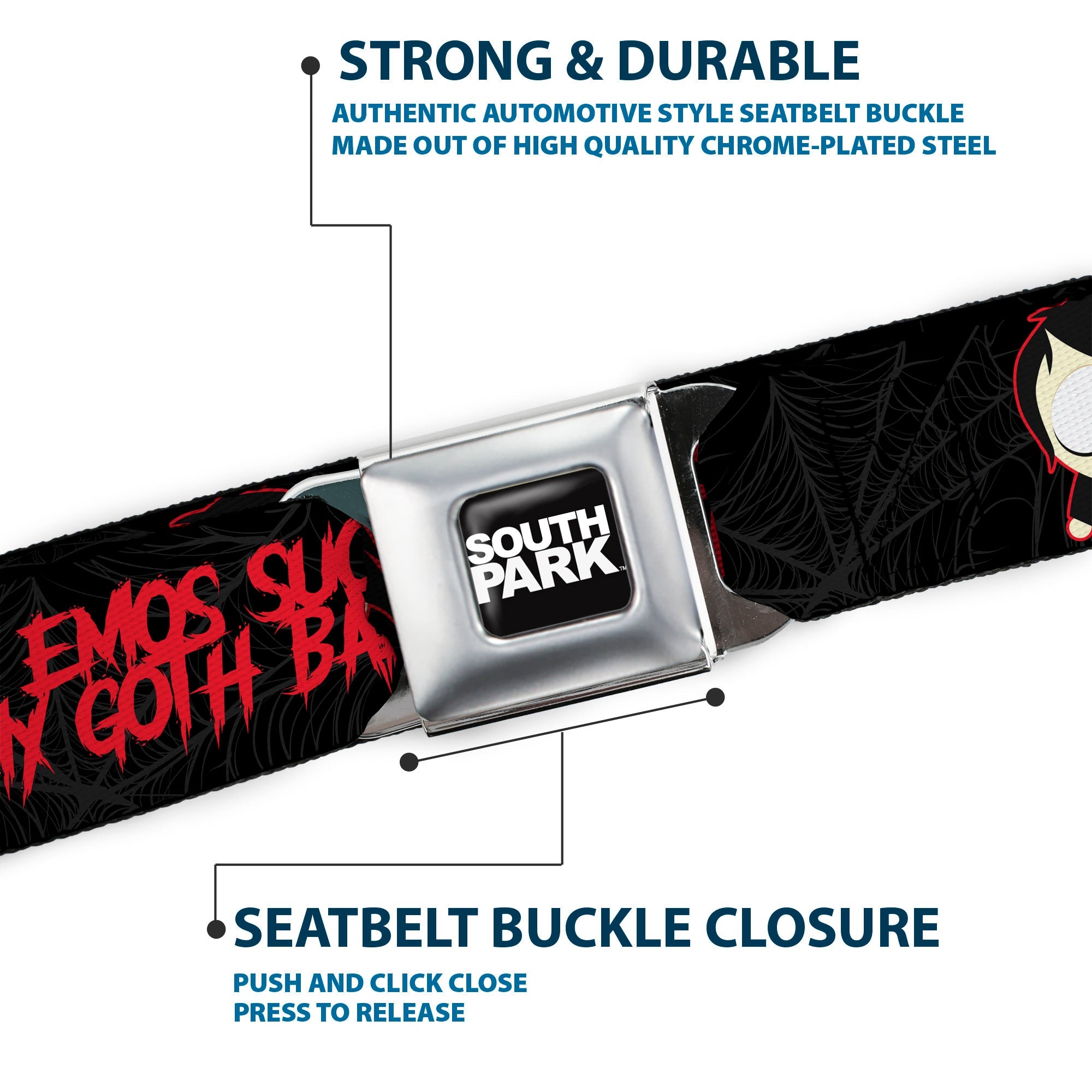 SOUTH PARK Title Logo Full Color Black/White Seatbelt Belt - South Park Goth Firkle EMOS SUCKS MY GOTH BALLS! Black/Gray/Red Webbing