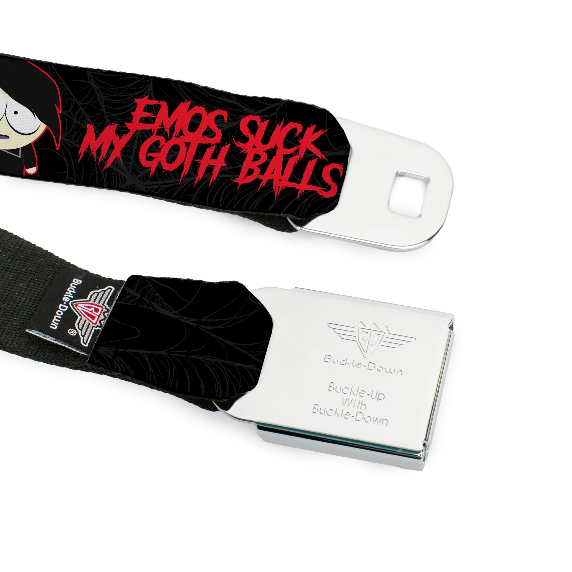 SOUTH PARK Title Logo Full Color Black/White Seatbelt Belt - South Park Goth Firkle EMOS SUCKS MY GOTH BALLS! Black/Gray/Red Webbing