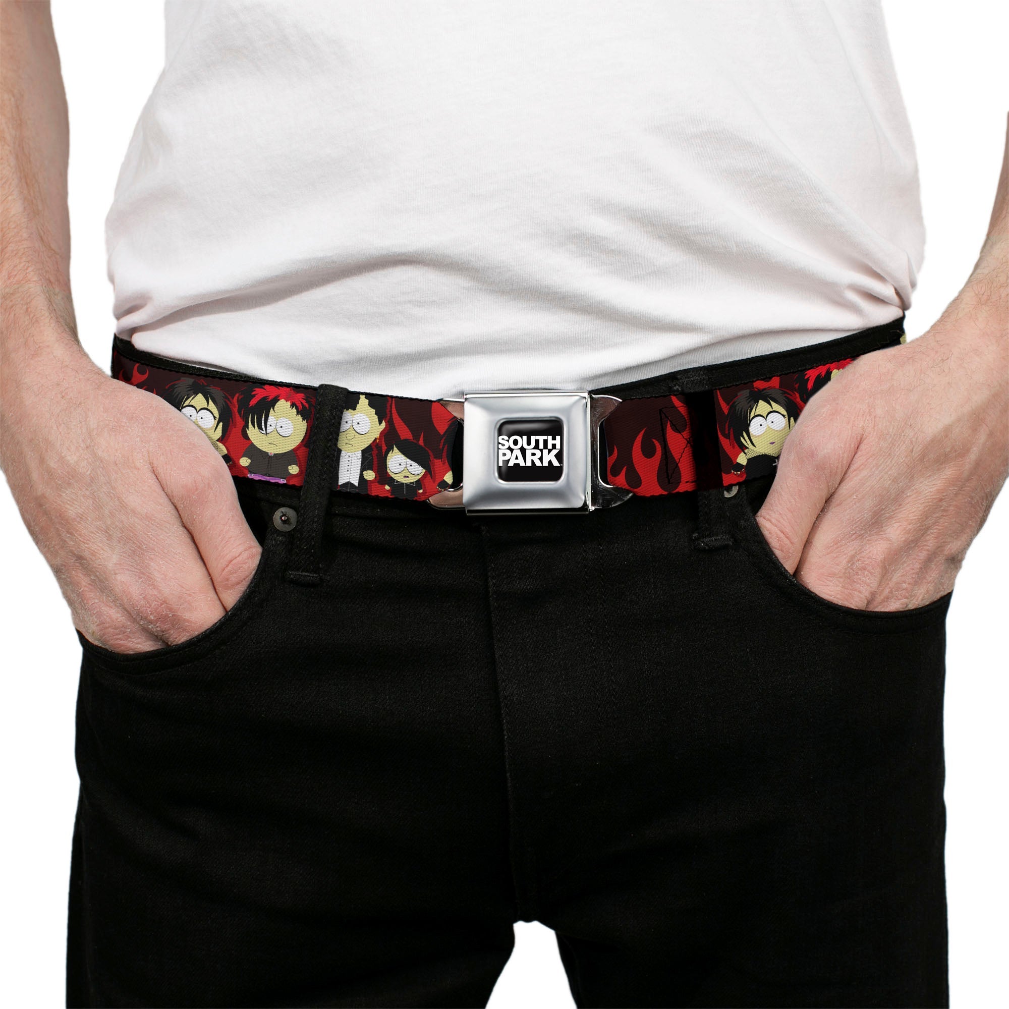 SOUTH PARK Title Logo Full Color Black/White Seatbelt Belt - South Park Goth Kids Poses Flame Reds Webbing