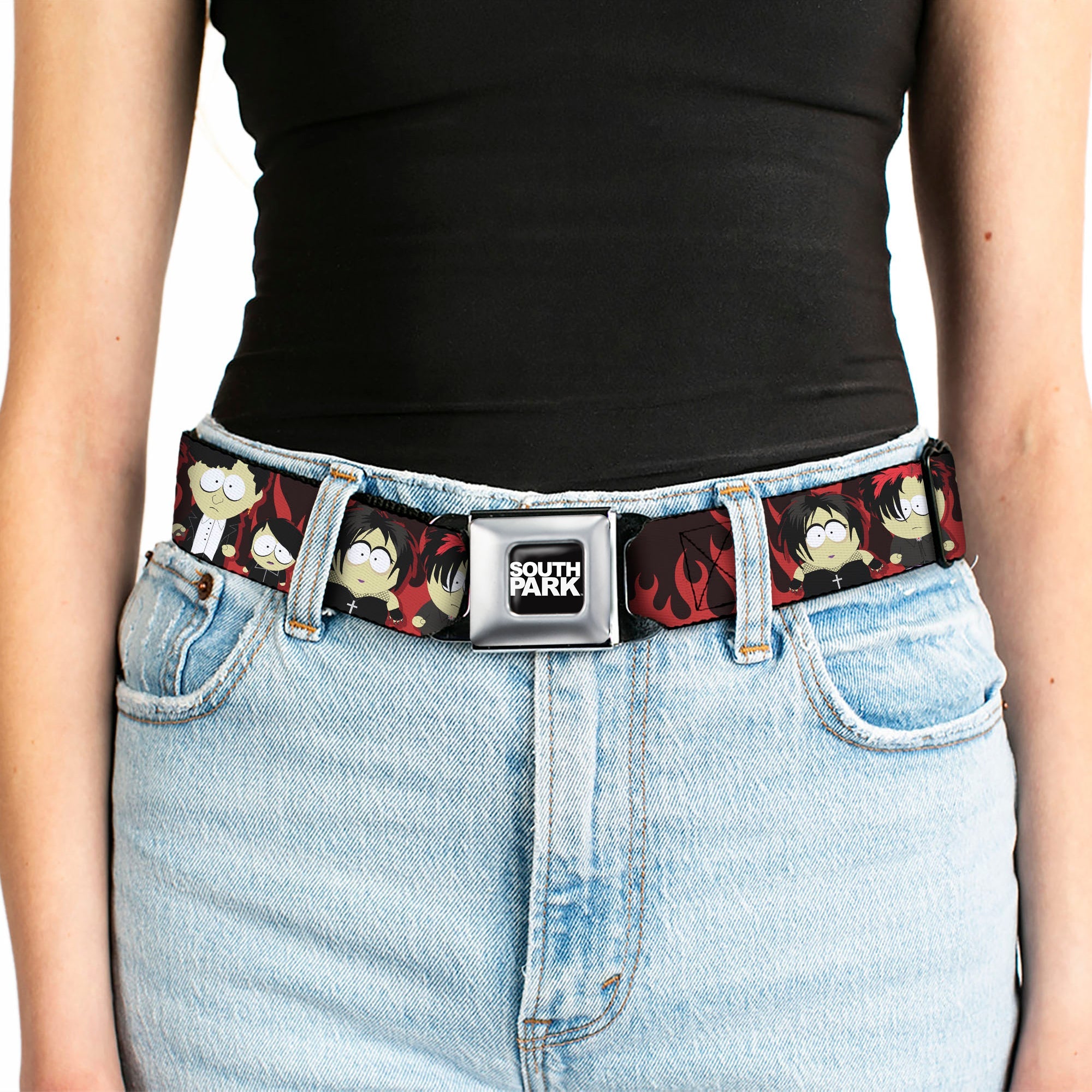 SOUTH PARK Title Logo Full Color Black/White Seatbelt Belt - South Park Goth Kids Poses Flame Reds Webbing